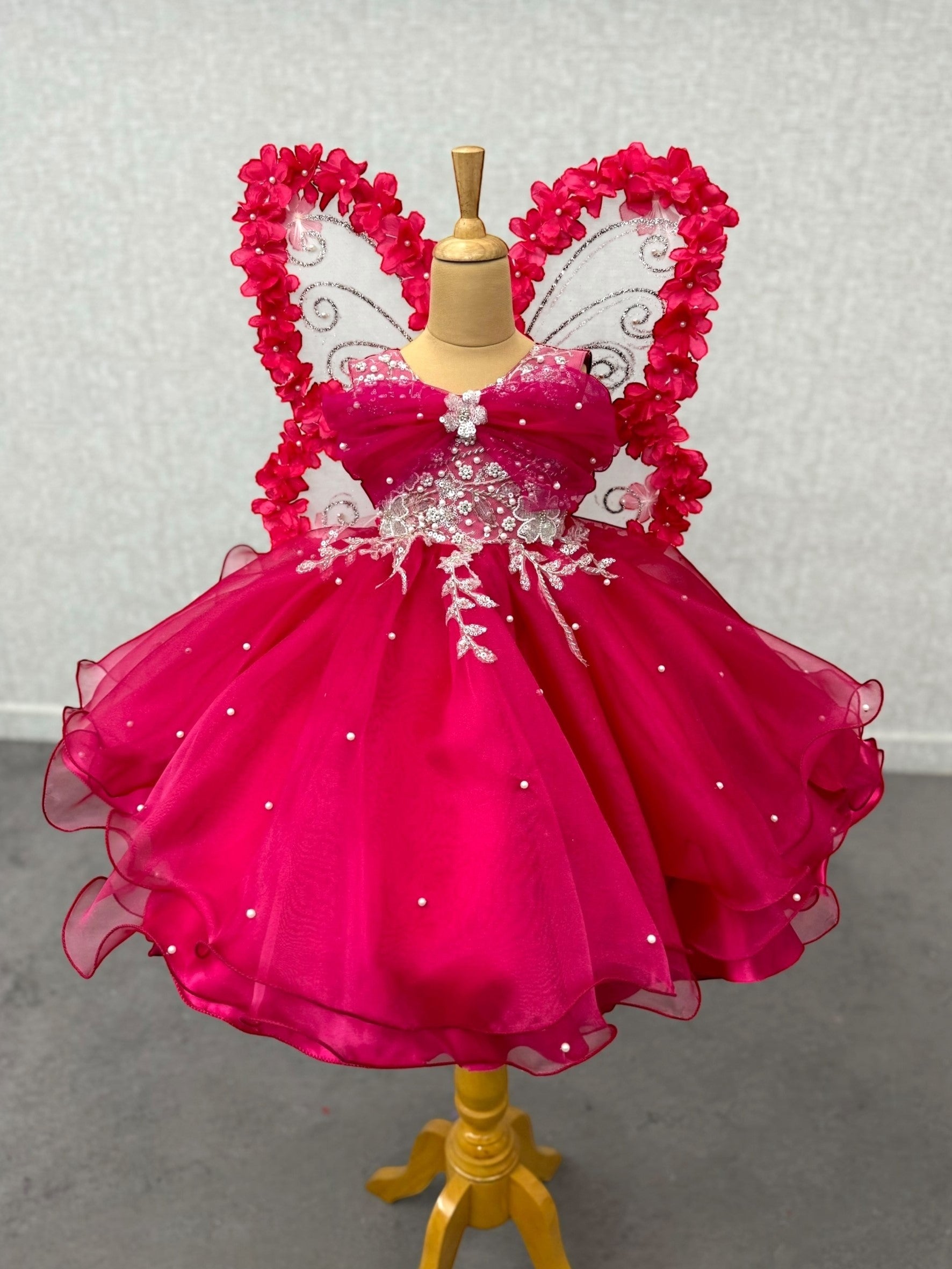 pink organza layered gown with silver work and floral butterfly wings