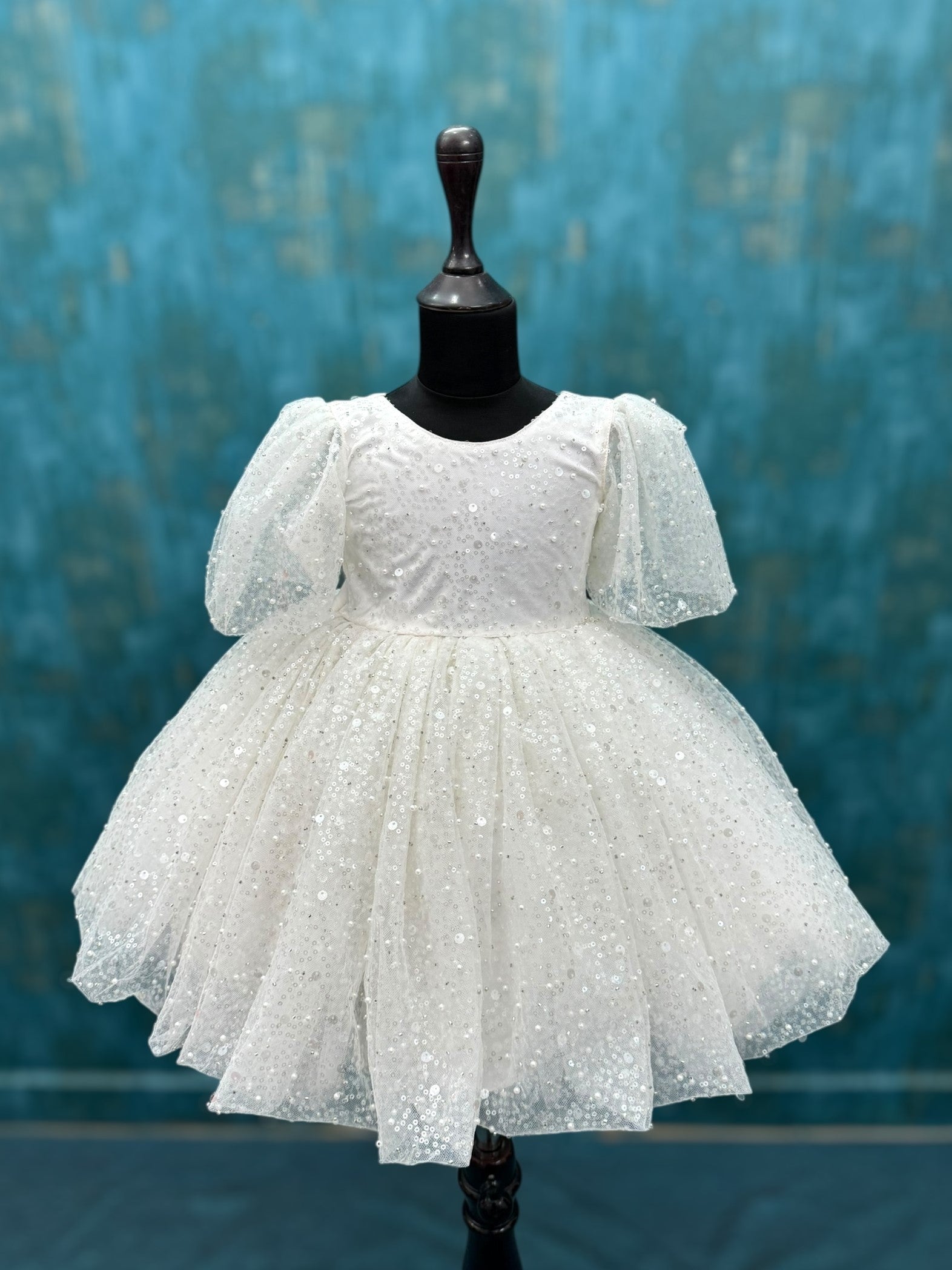 White Sequin Gown With Loose Puff Sleeves