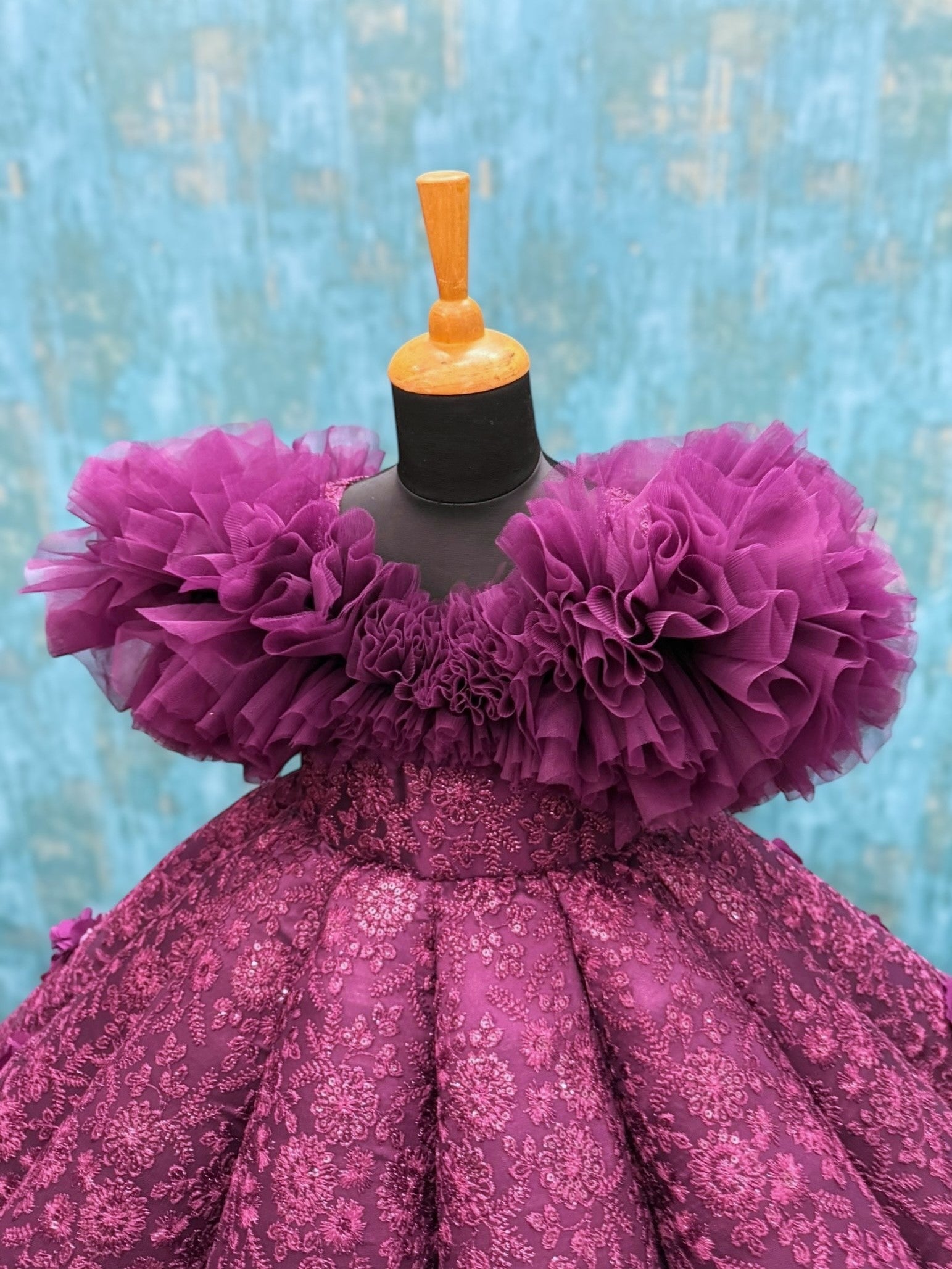 Wine Structure Panel Off Shoulder Gown With 3D Flowers