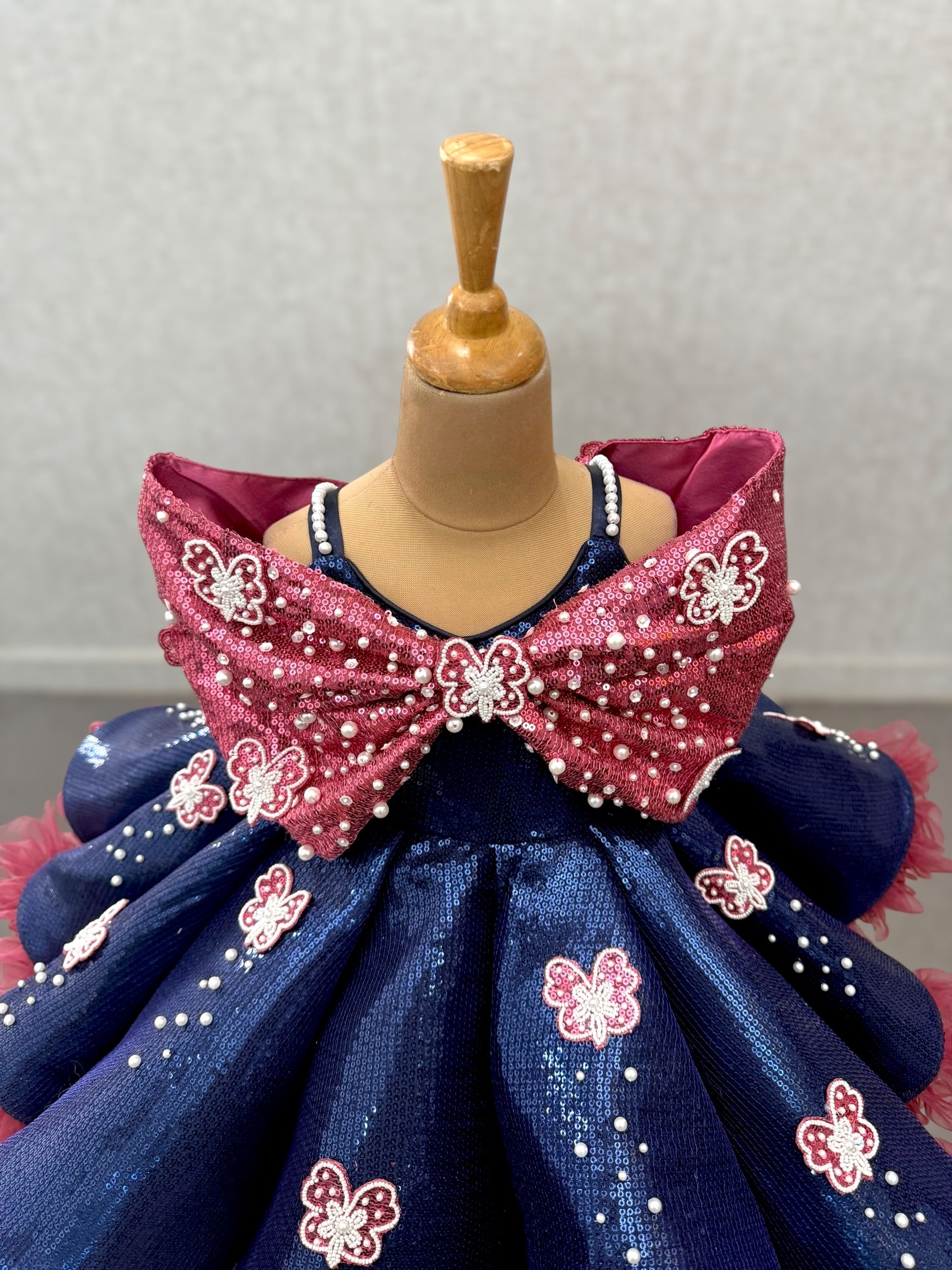 Blue and Plum Ruffle Panel Gown Embossing Bow Top