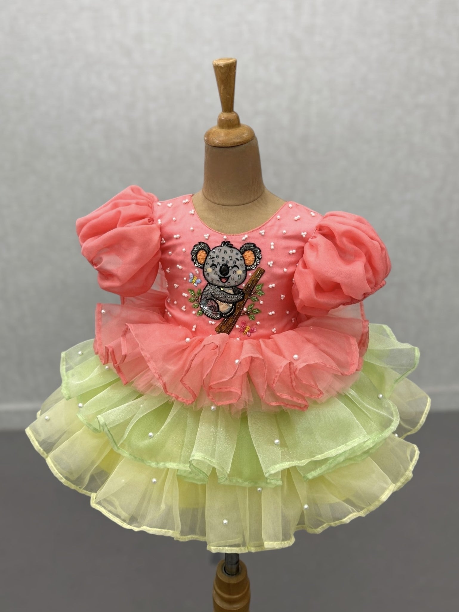 Minty Coral Koala layer organza gown with puff sleeves