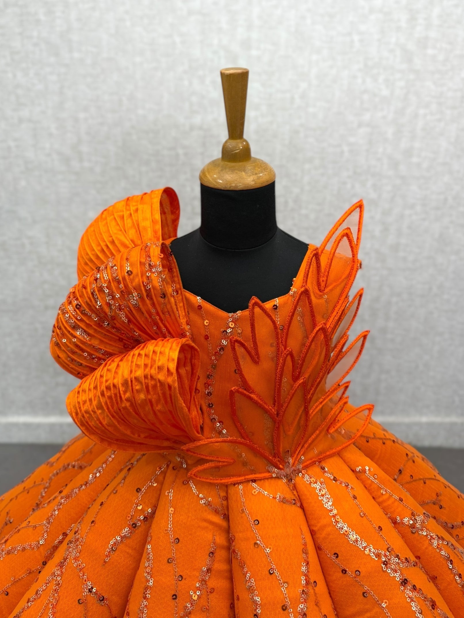 ORANGE Structured Panel Ball Gown with Embossing Bows and Hand Embroidered Petals