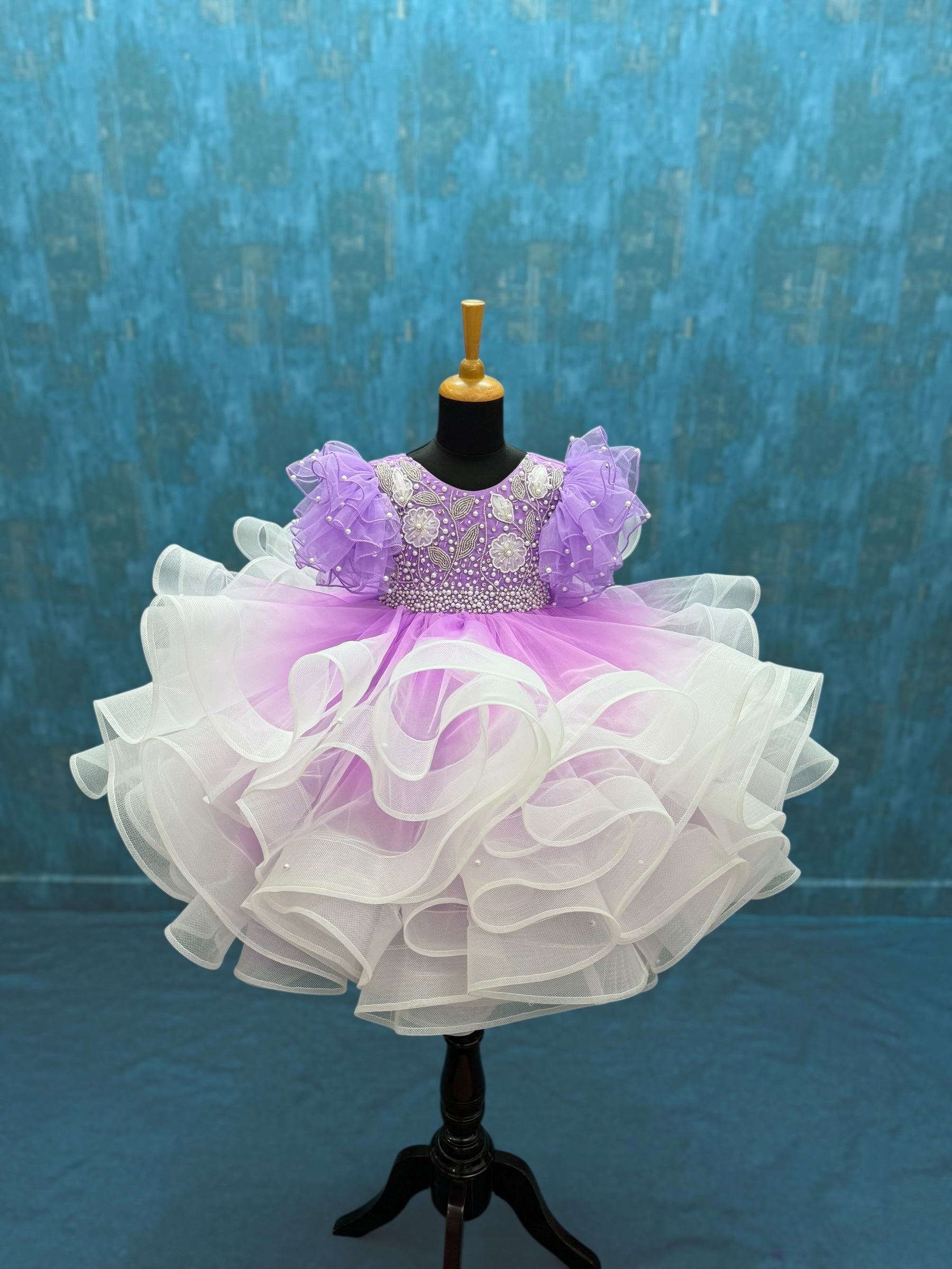 Lavender and white ombré  pearl whirl gown with intricate floral embroidery