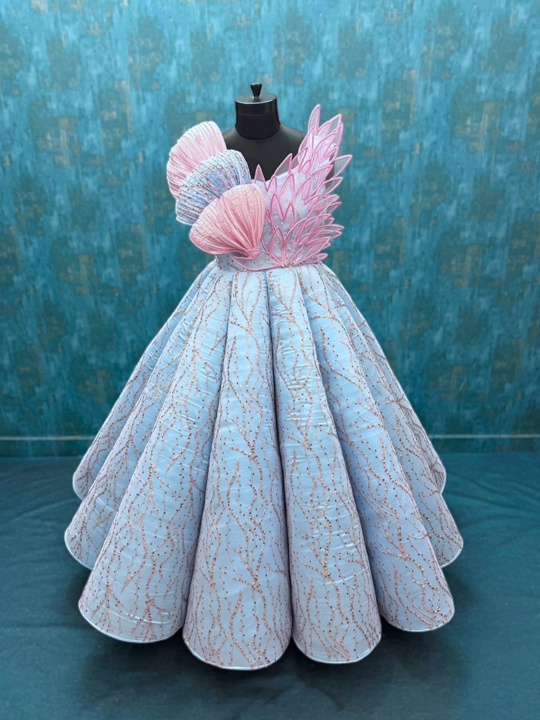 Baby Blue Structured Panel Ball Gown with Embossing Bows and Hand Embroidered Petals