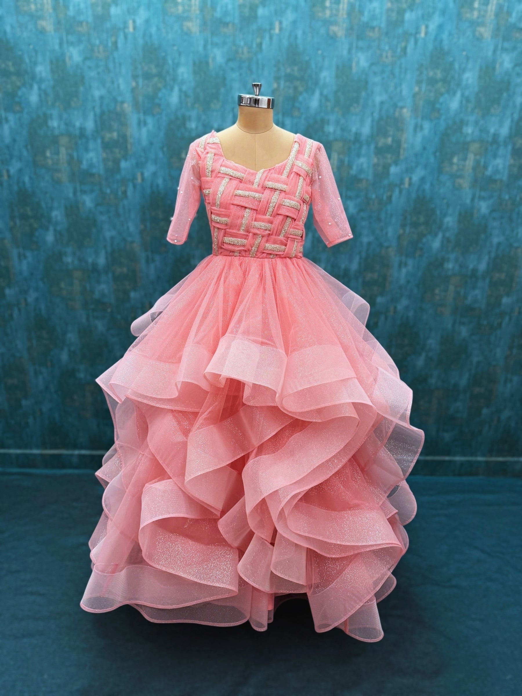 Peach Glitter Ruffle ball Gown with Draped Silver Hand neck