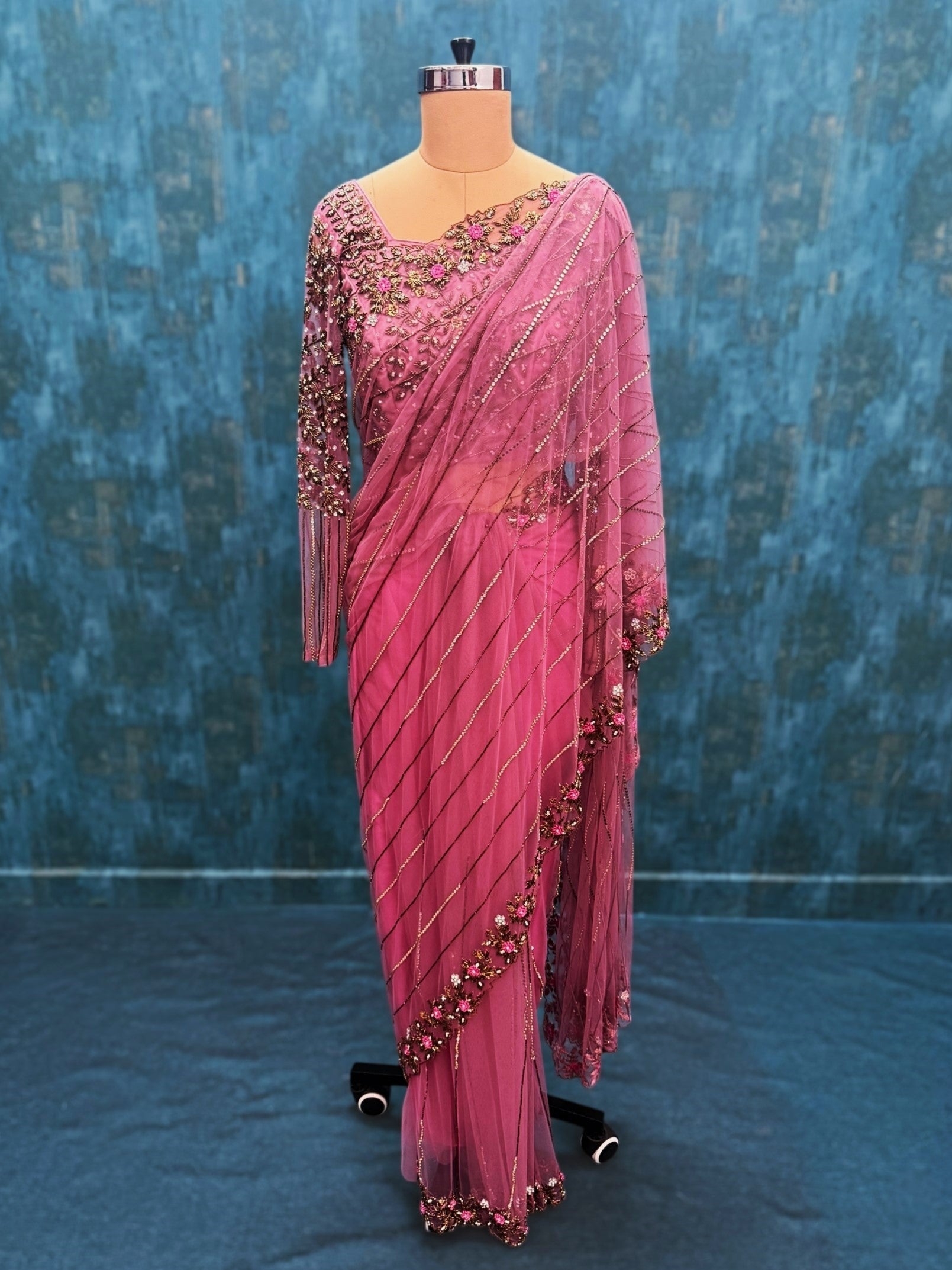 Plum pink Hand work Saree with Stitched blouse