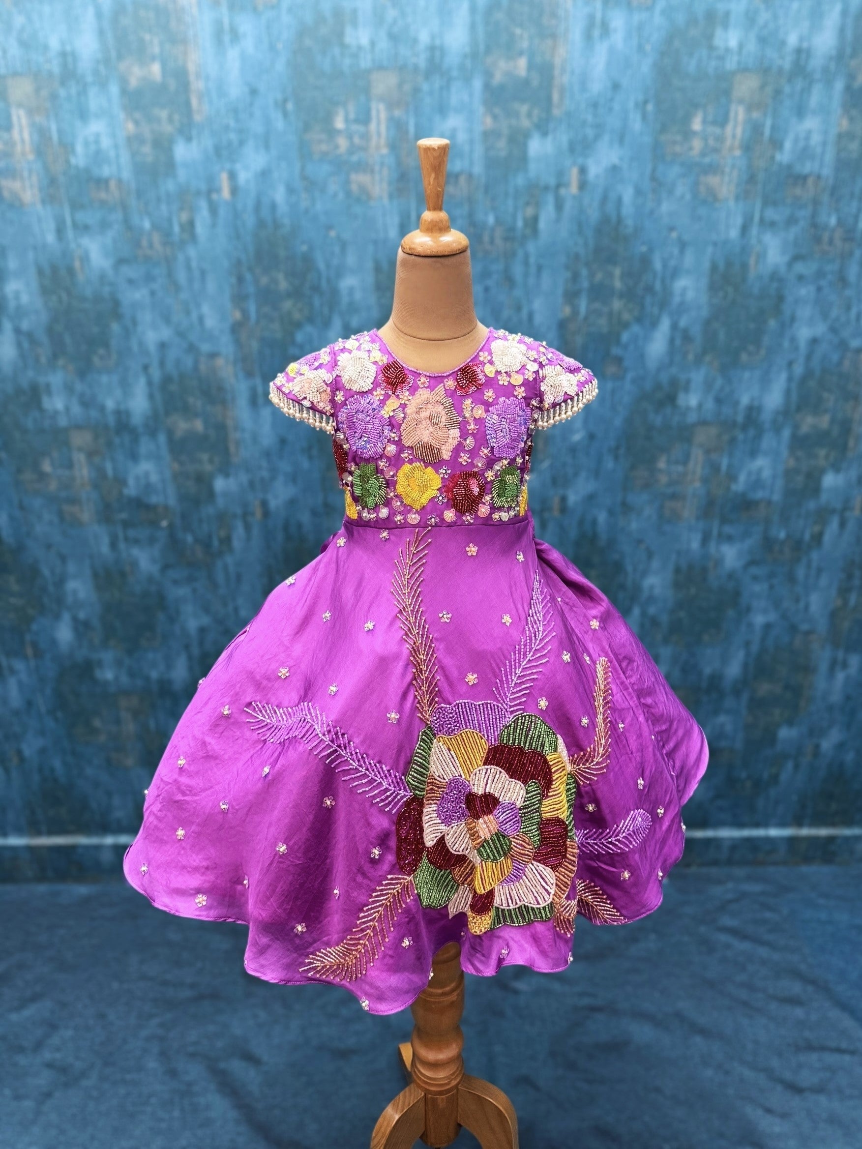 multicolour embroidered floral silk gown with cape sleeves