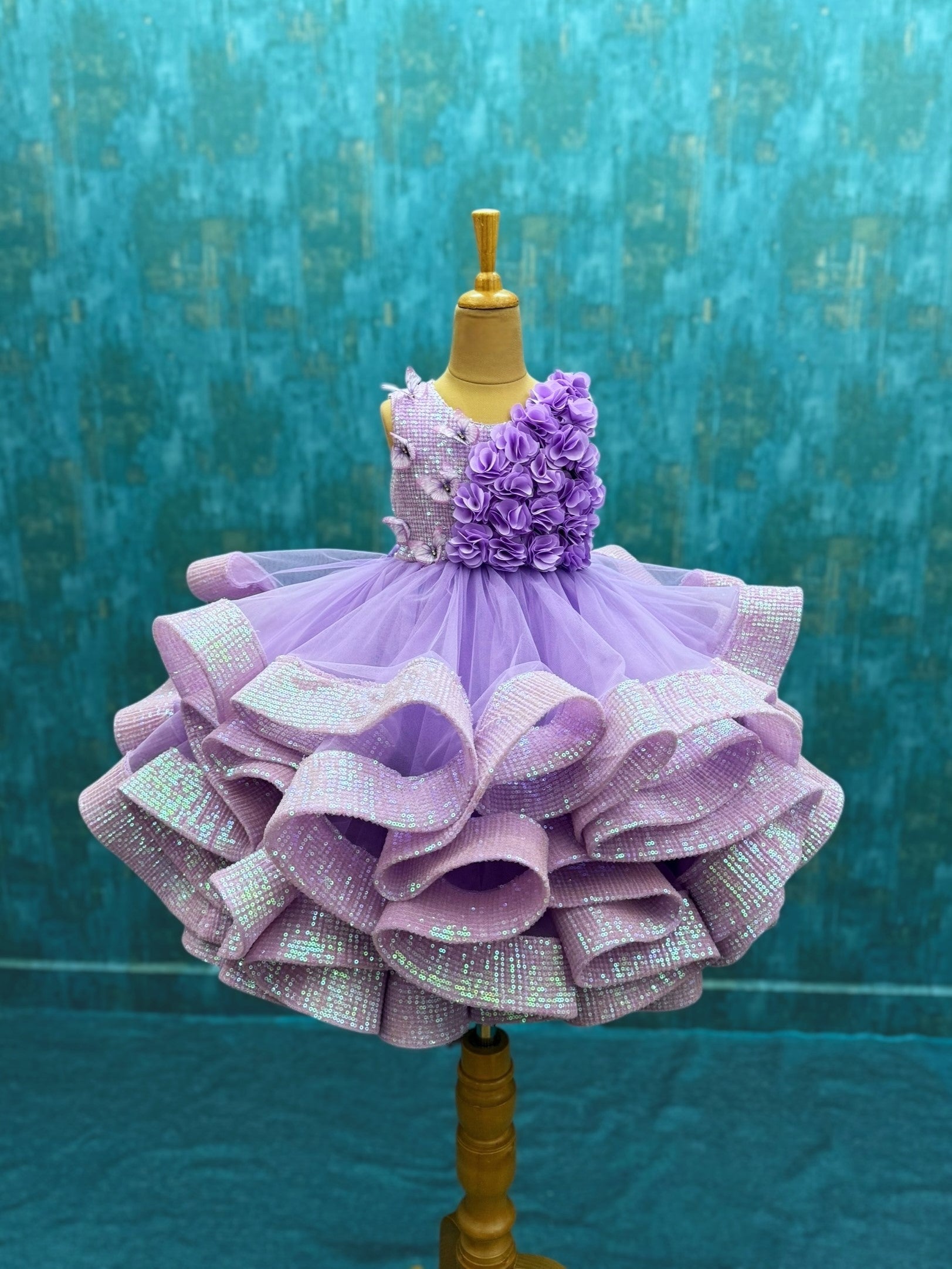 Lavender Butterfly sequence ruffle ball Gown with embossing flowers