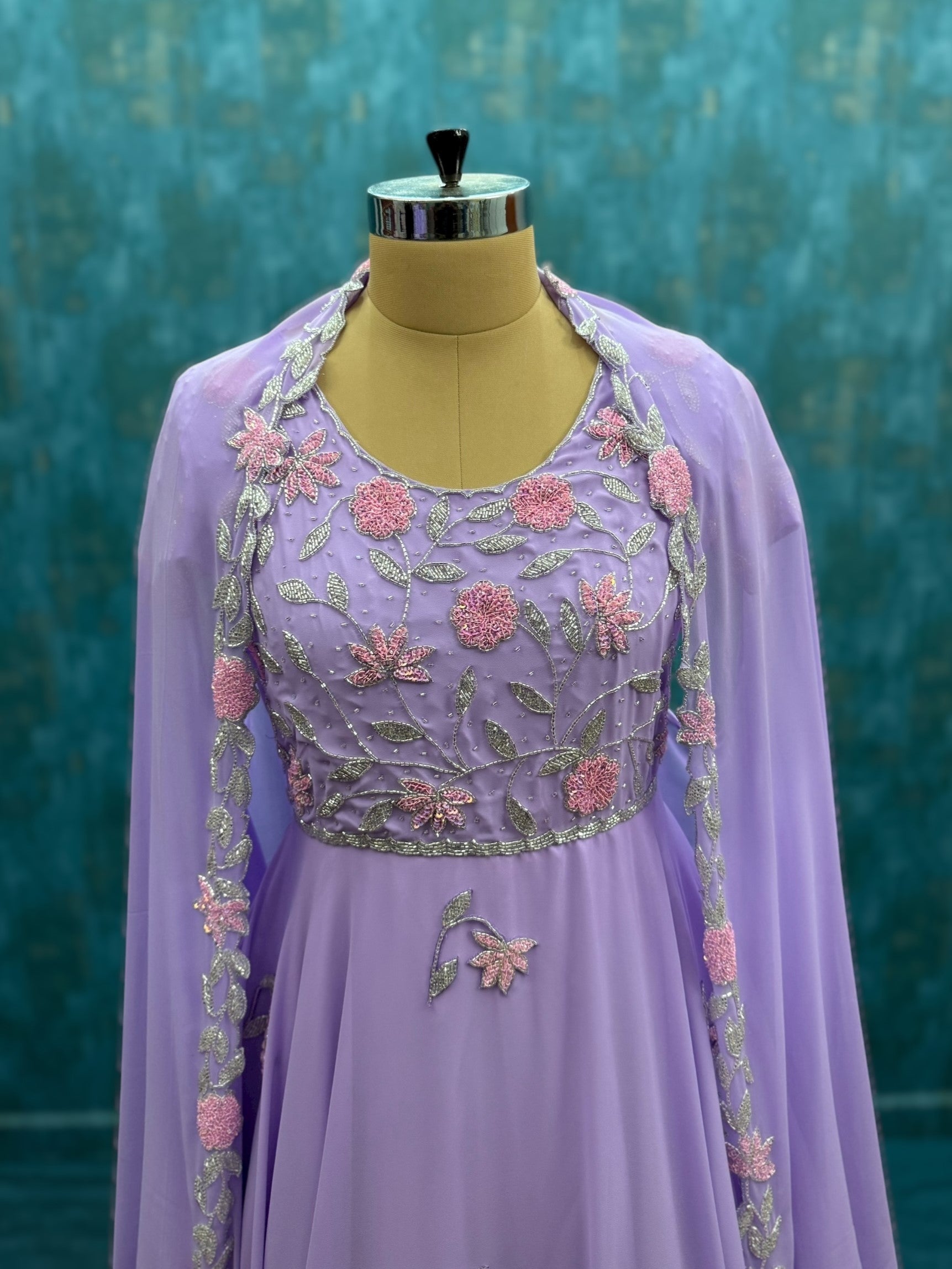 Lilac Hand Embroidery Floral Gown With Dupatta