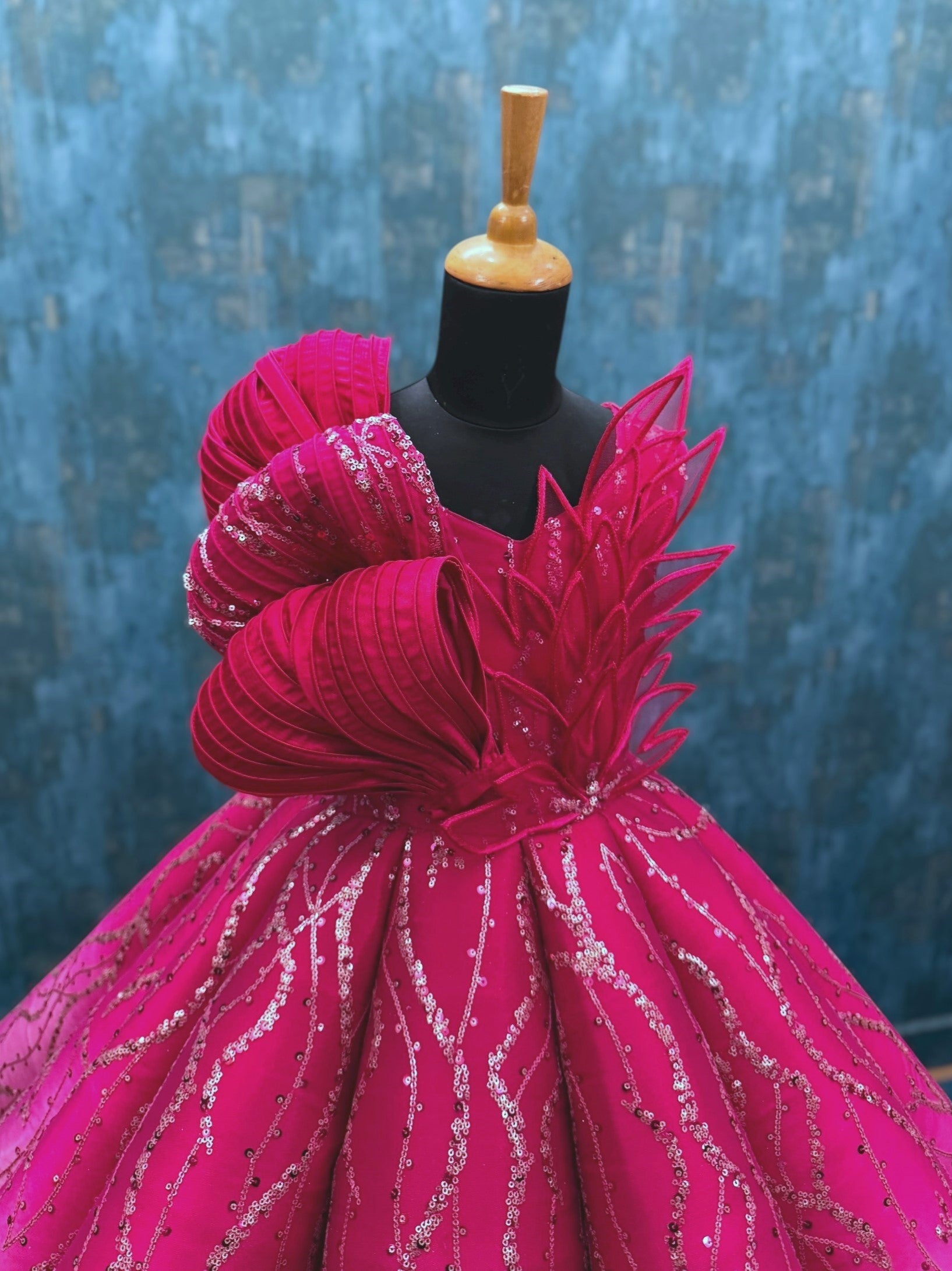 pink ombre Structured Panel Ball Gown with Embossing Bows and Hand Embroidered Petals