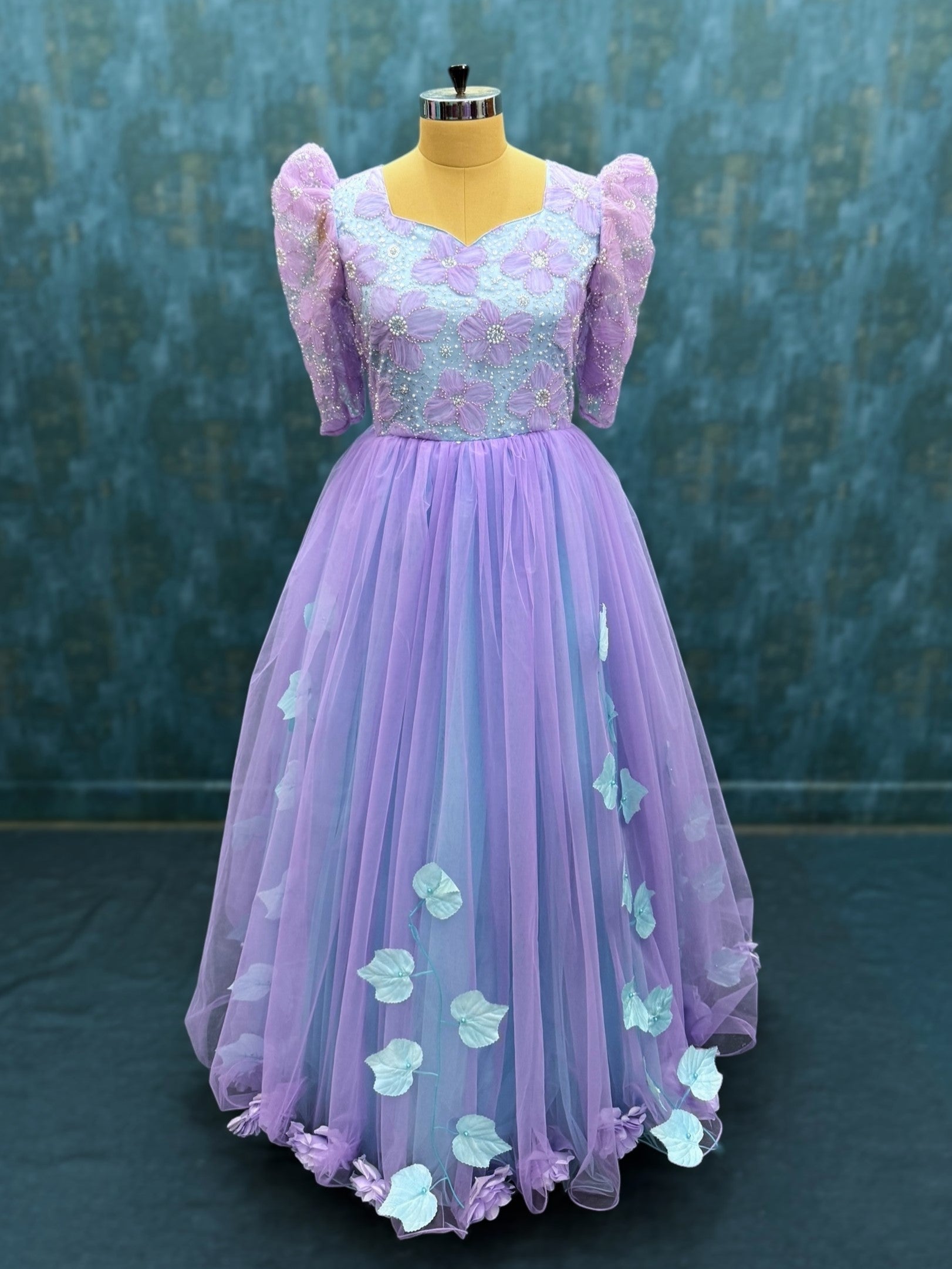 Blue and Lavender Floral Gown with Upper Puff sleeves
