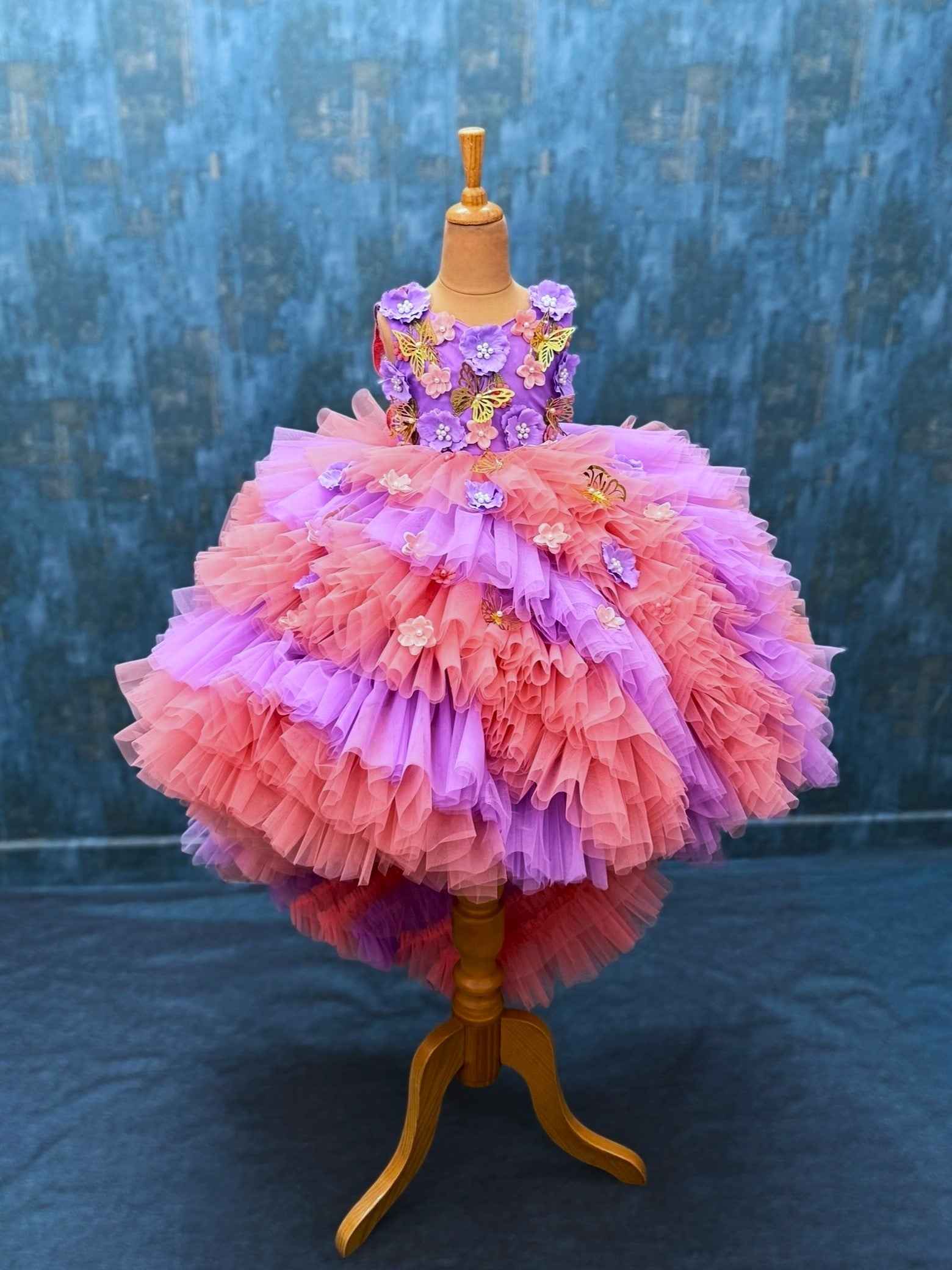 peach and lavender ruffle floral ball gown with attached trail