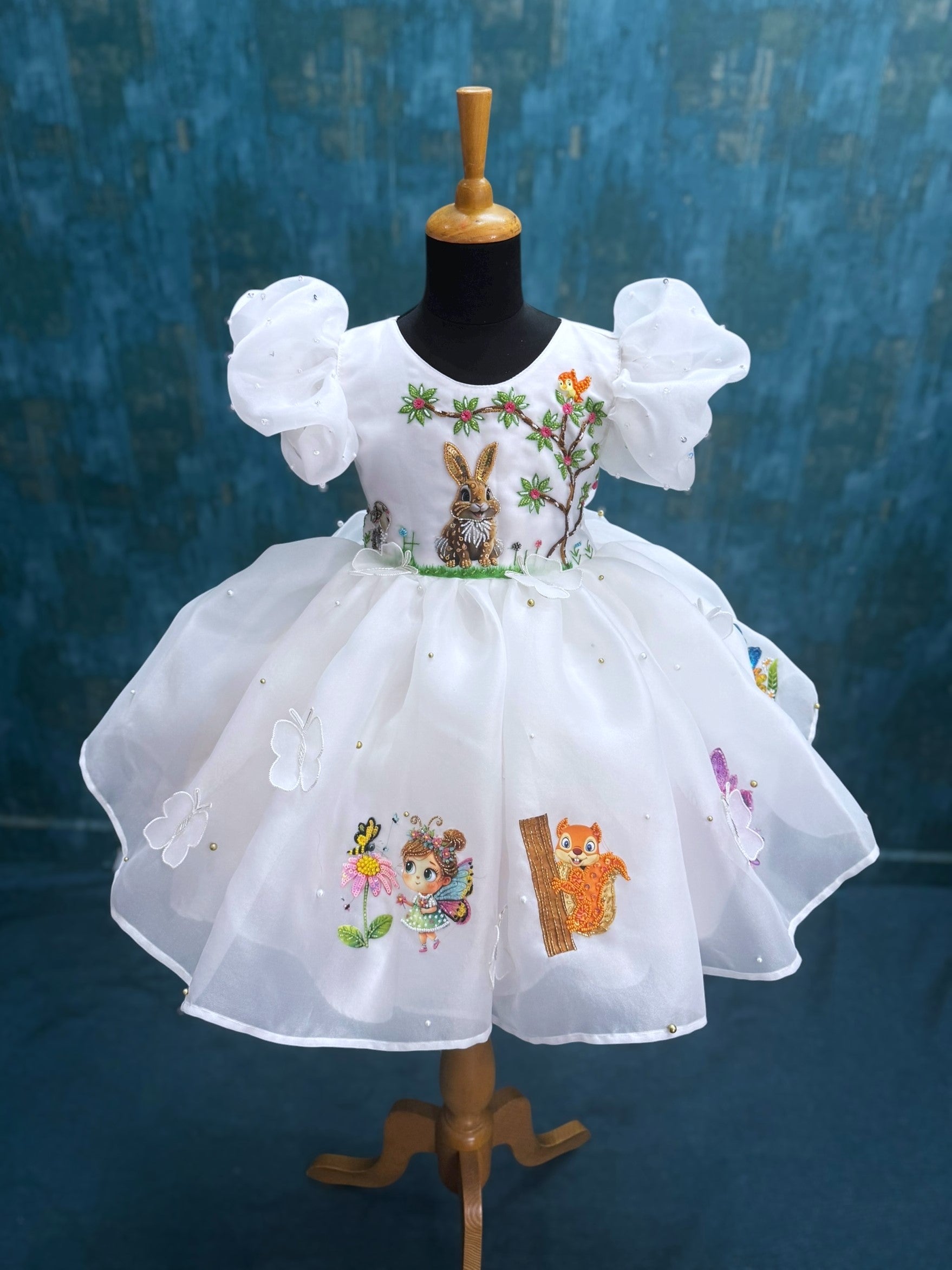 garden theme bunny white organza gown