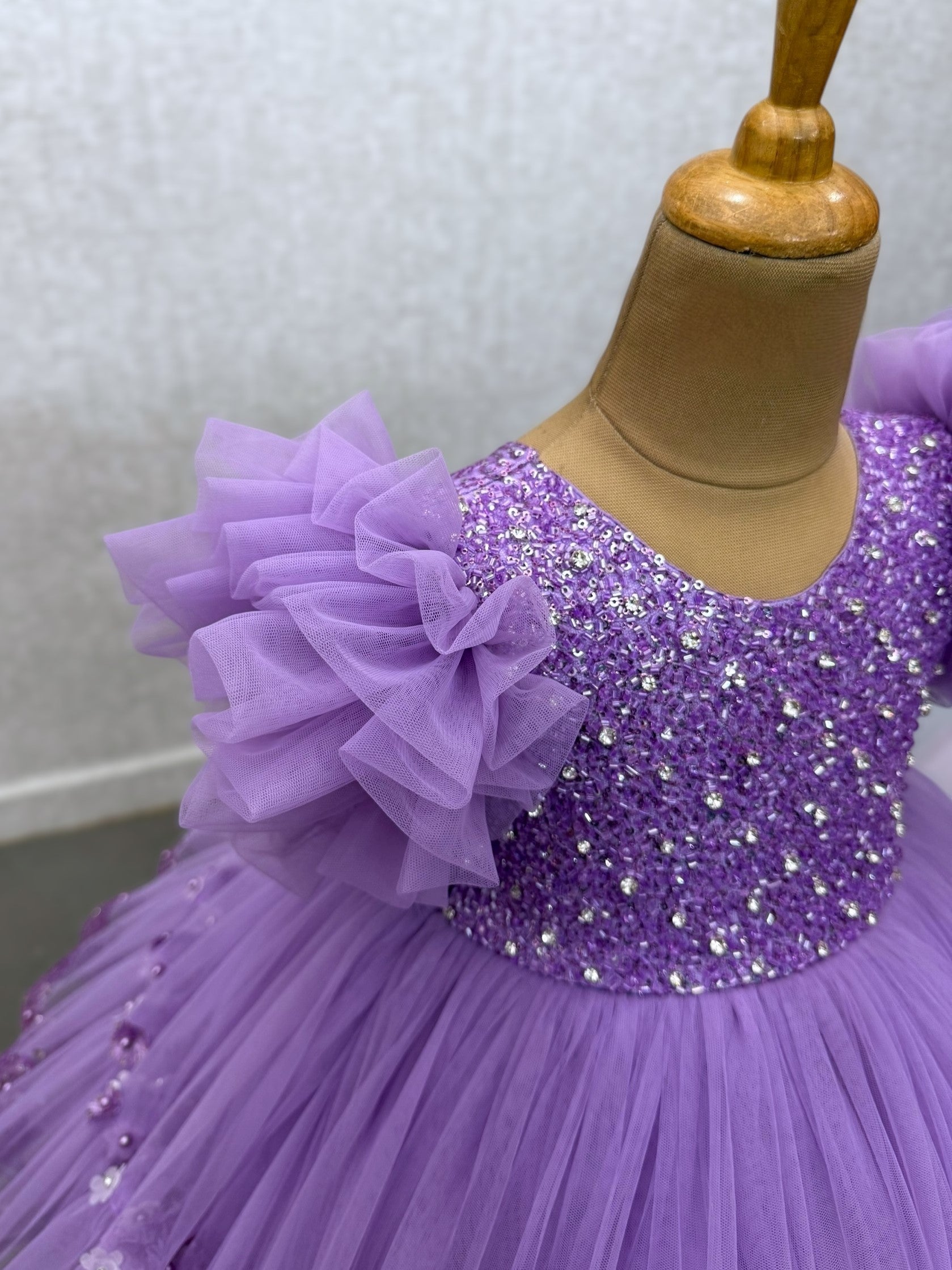 lavender sequence ball gown with intricate hand work