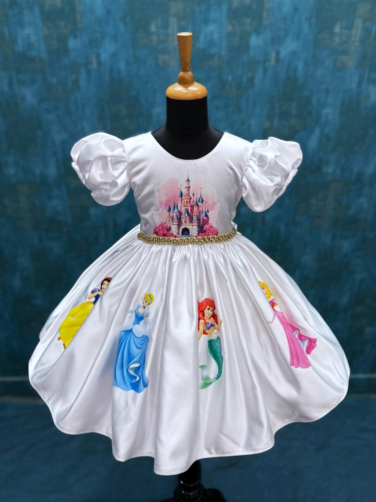 disney princess satin gown with castle top and puff sleeves