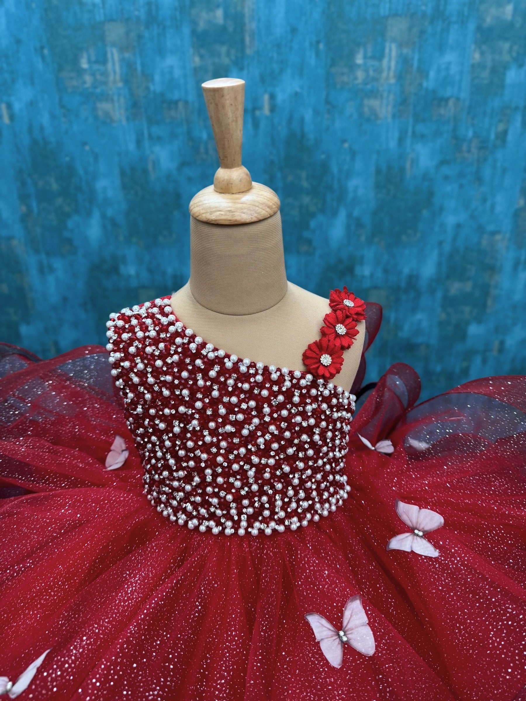 Red Butterfly Bliss Couture gown with intricate work