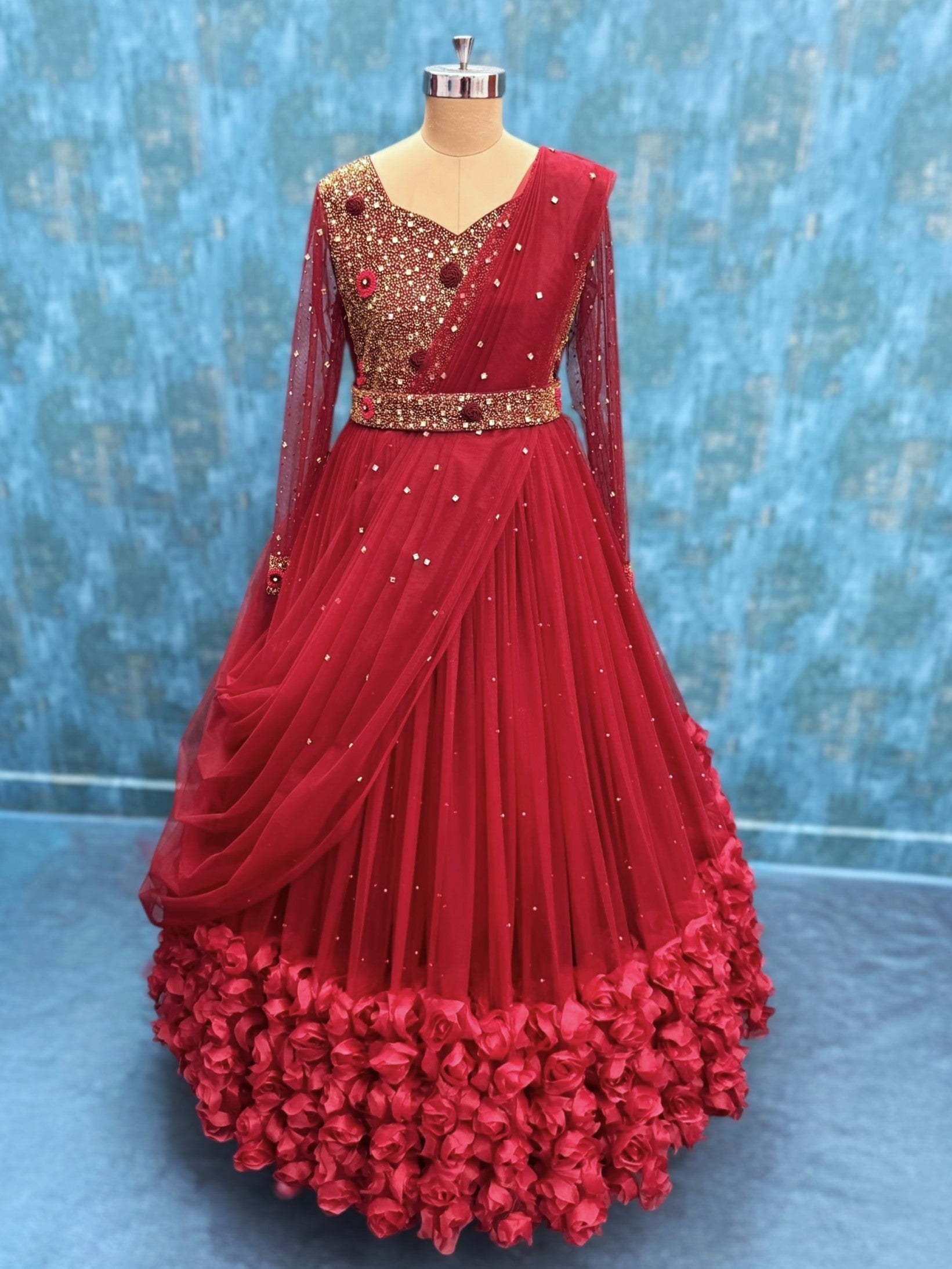 Ruby Bloom Majesty Pearl-Studded Couture Anarkali Gown With Draped Dupatta