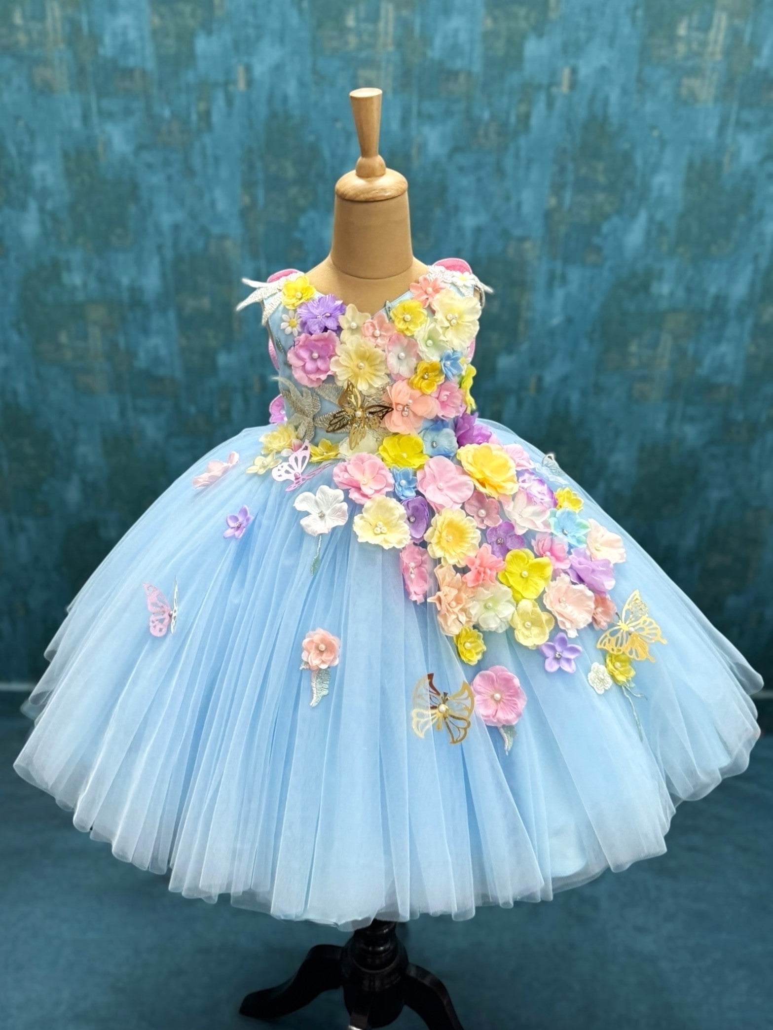 Blue 3D Ball Gown With Back Butterfly