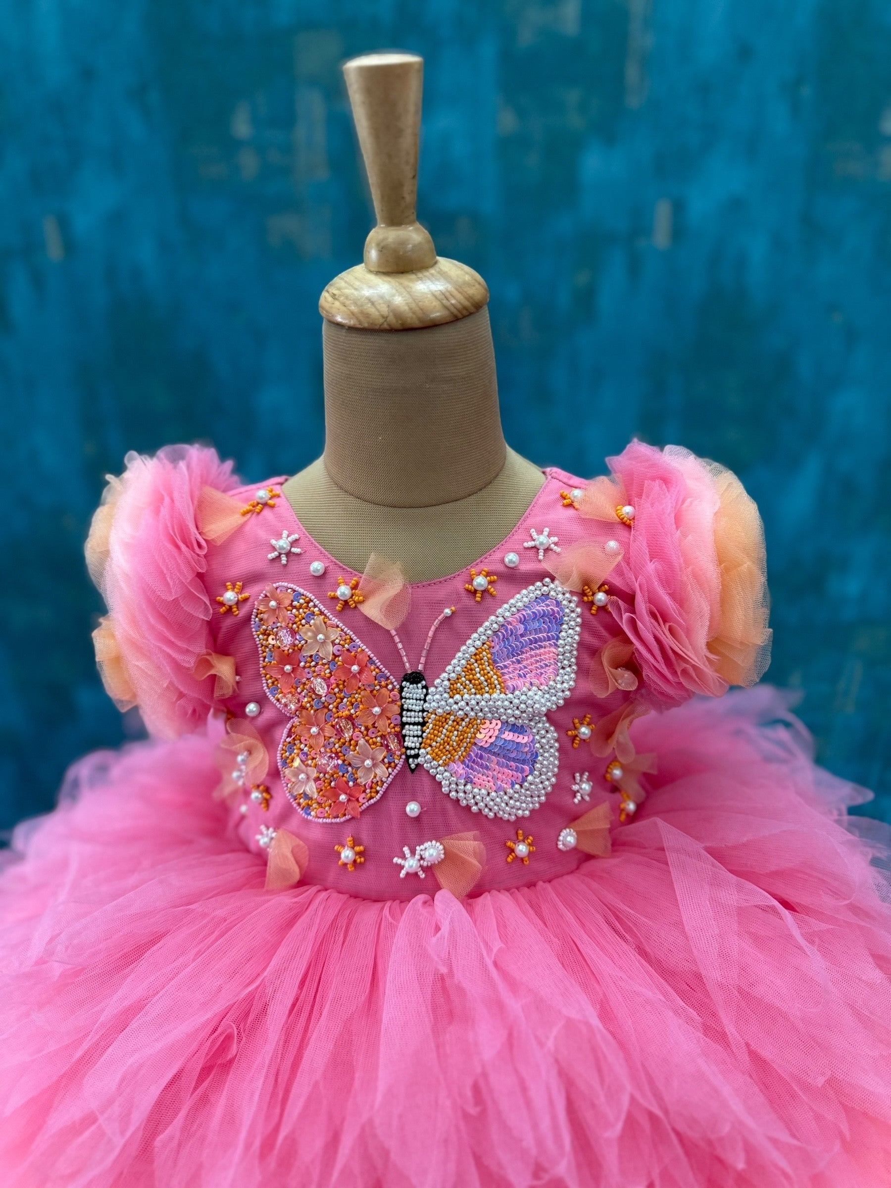 Lumière Butterfly Blush-Peach Layered Couture Gown