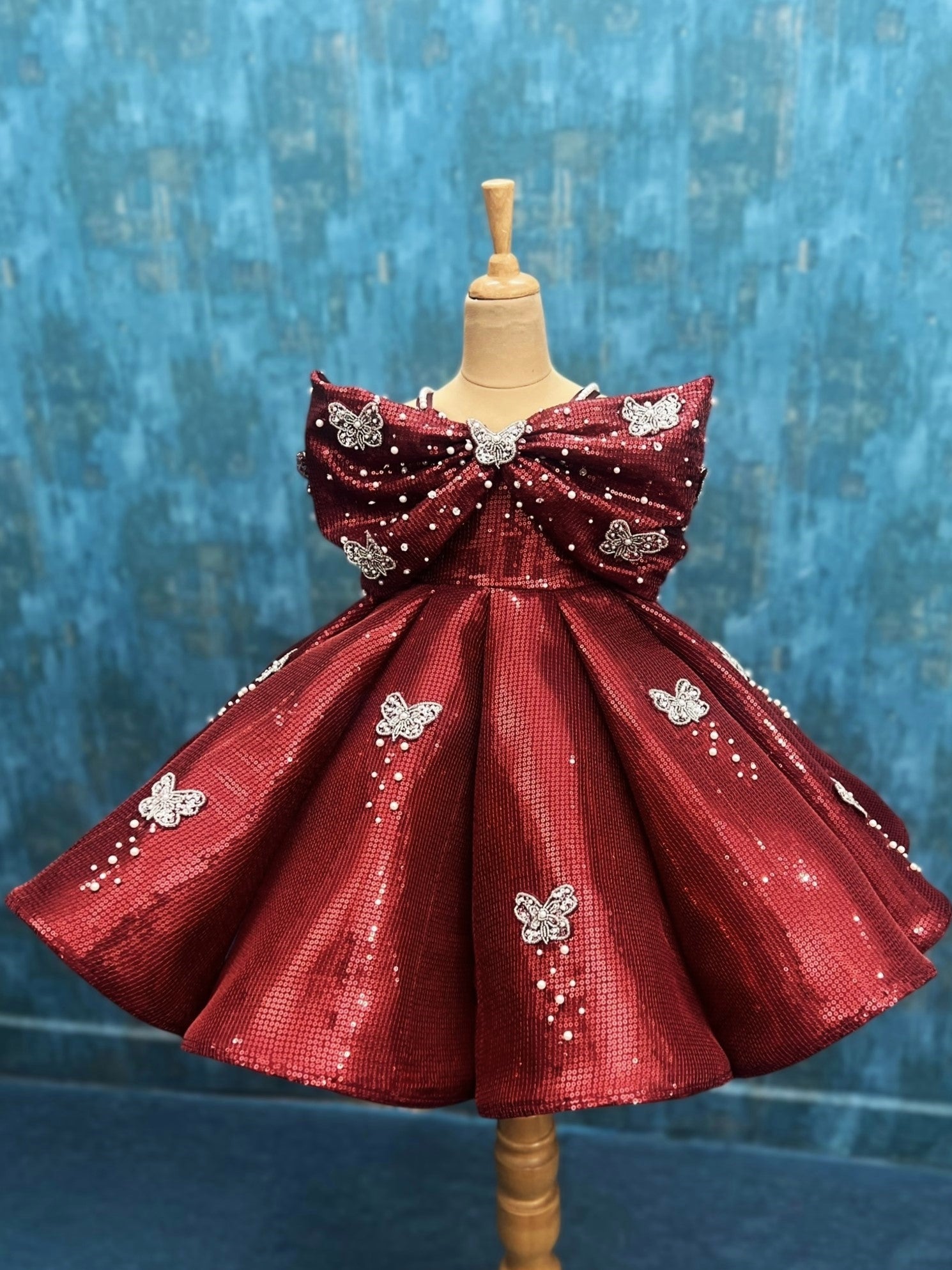 Crimson Papillon Royale Sequin Bow Couture Celebration Gown