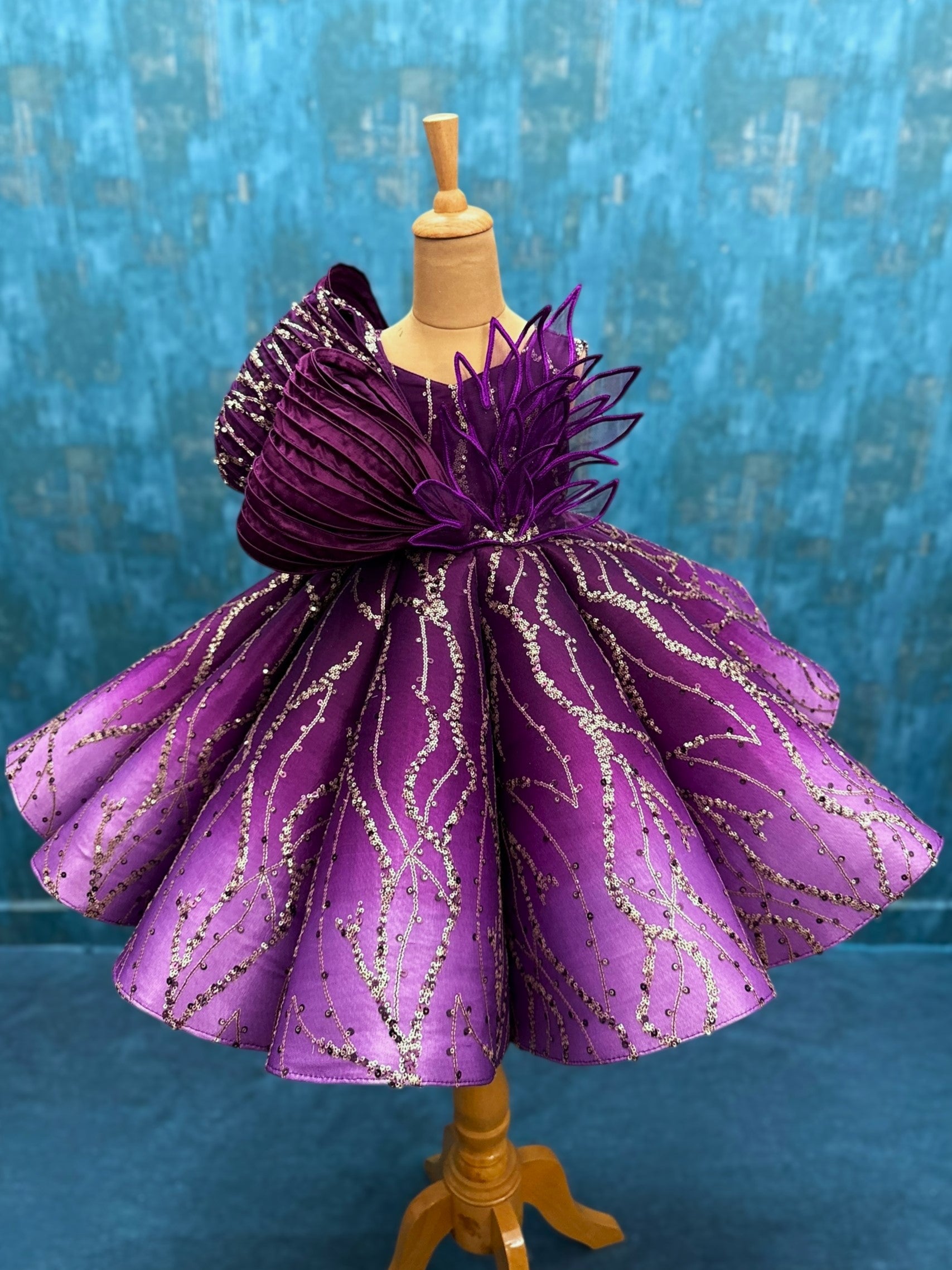 Purple Ombre Structured Panel Ball Gown with Embossing Bows and Hand Embroidered Petals