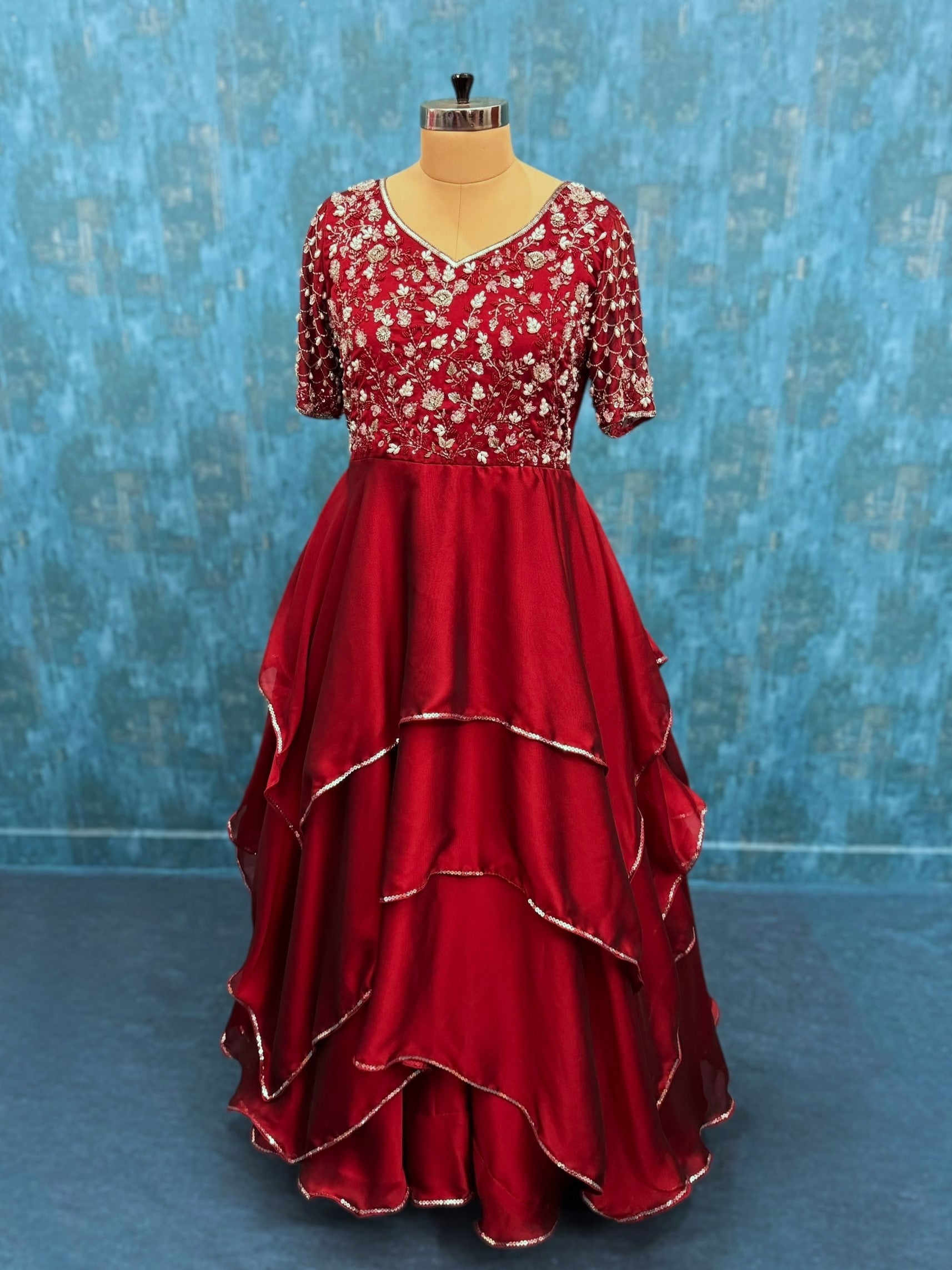 Ruby Empress Garden of Roses Pearl-Accented Couture Celebration Dress with Hand-Embroidered Bodice
