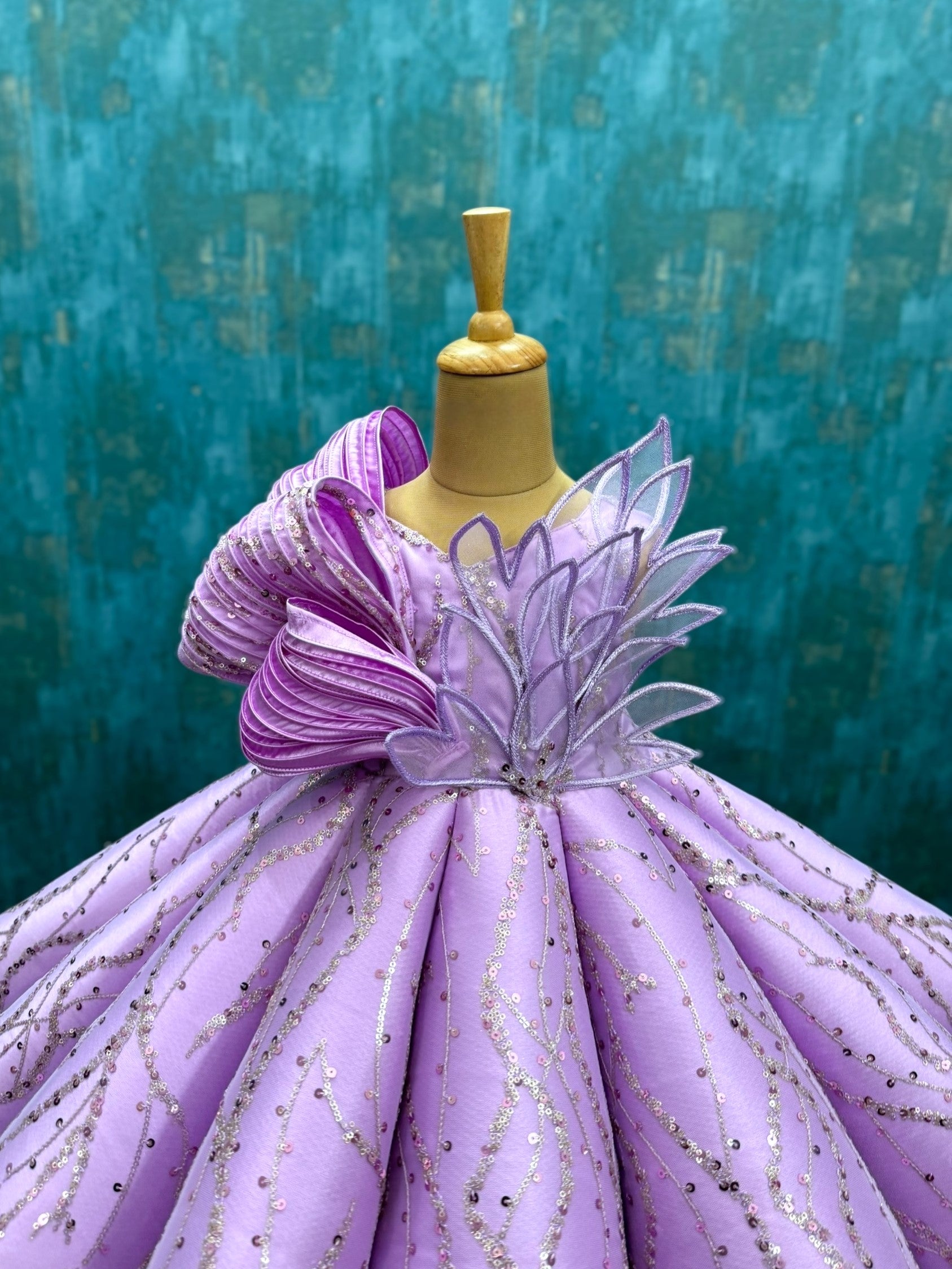 Lavender Ombre Structured Panel Ball Gown with Embossing Bows and Hand Embroidered Petals