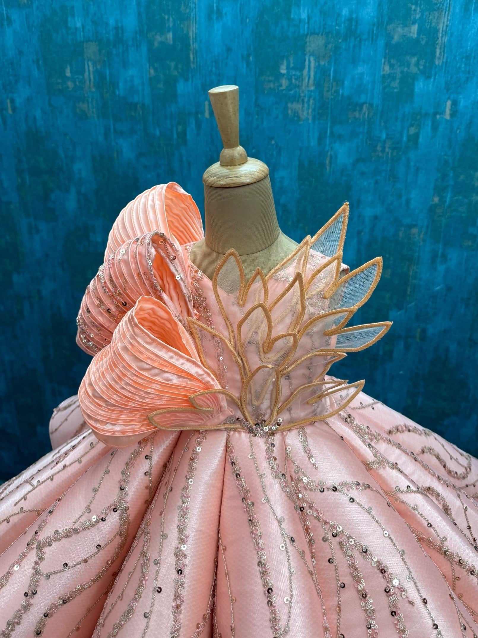 Orange Structured Panel Ball Gown with Embossing Bows and Hand Embroidered Petals