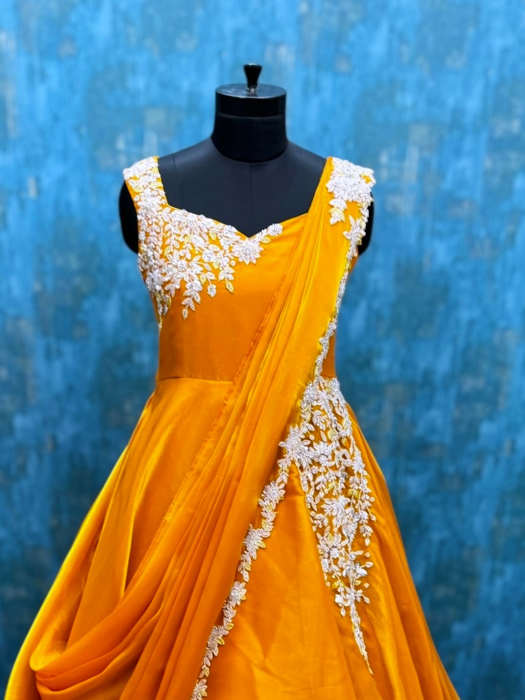 Golden Marigold Royale Embroidery Couture Gown With Attachable Draped Dupatta
