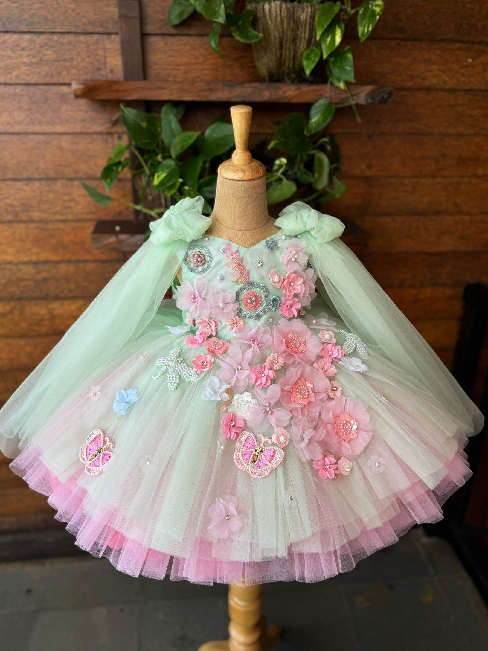 Pastel Green Petal fall Butterfly Fantasy Floral Couture Celebration Dress