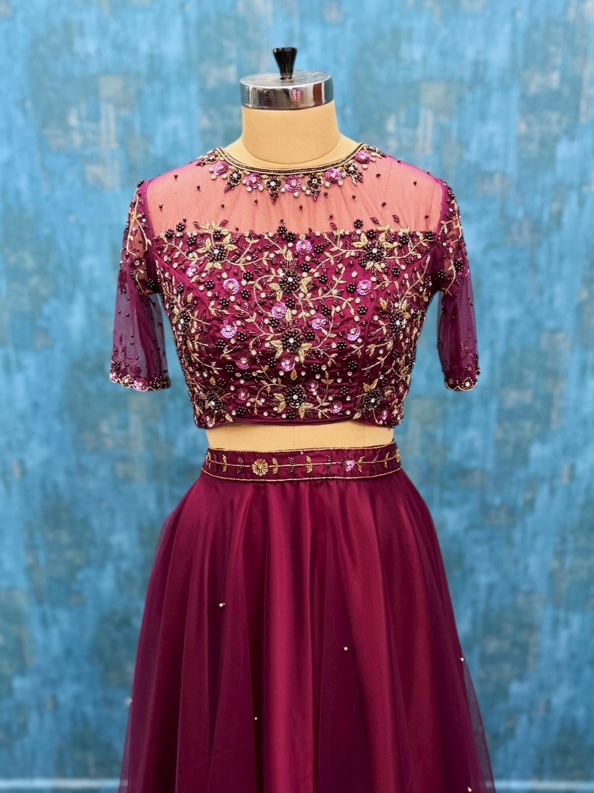 Burgundy Empress Floral Vine Hand-Embroidered Lehenga Ensemble