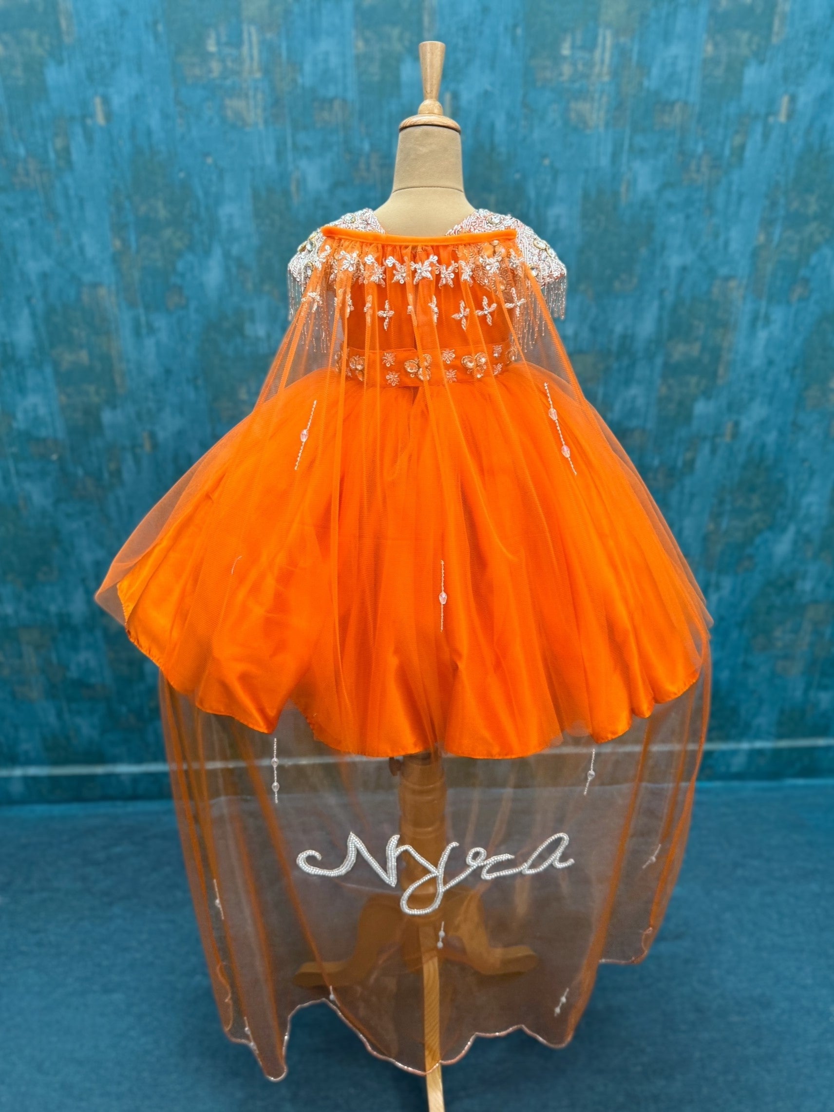Golden Tangerine Crystal Fringe Hanging Cape Princess Couture Dress With Name trail