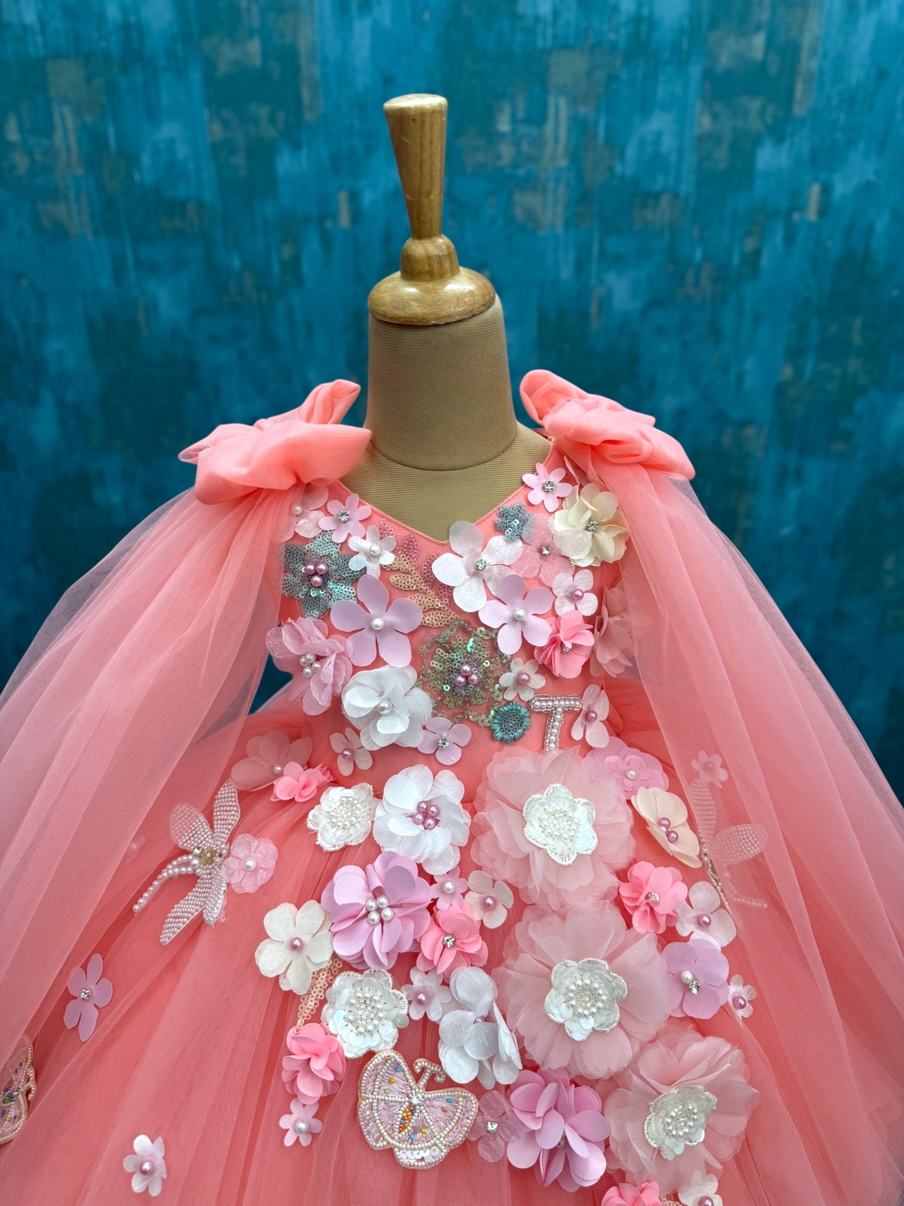 Soft Coral Petal fall Butterfly Fantasy Floral Couture Celebration Dress