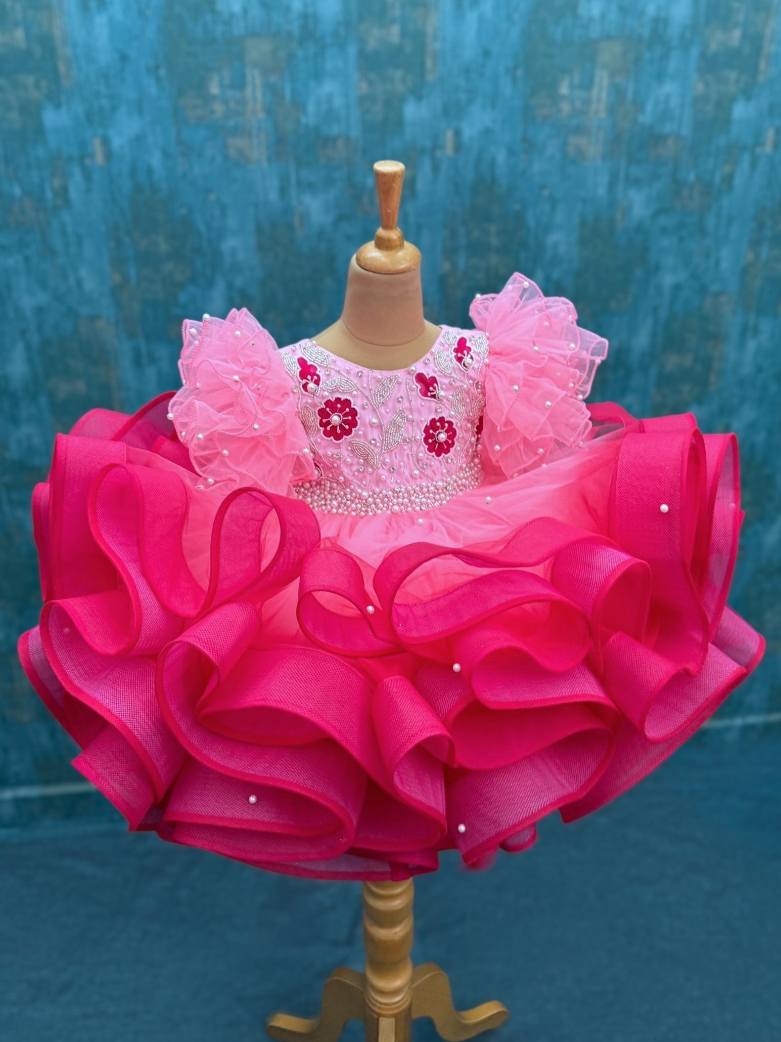 First Birthday Dress Online, Hot Pink Floral Pearl Ruffle Dress