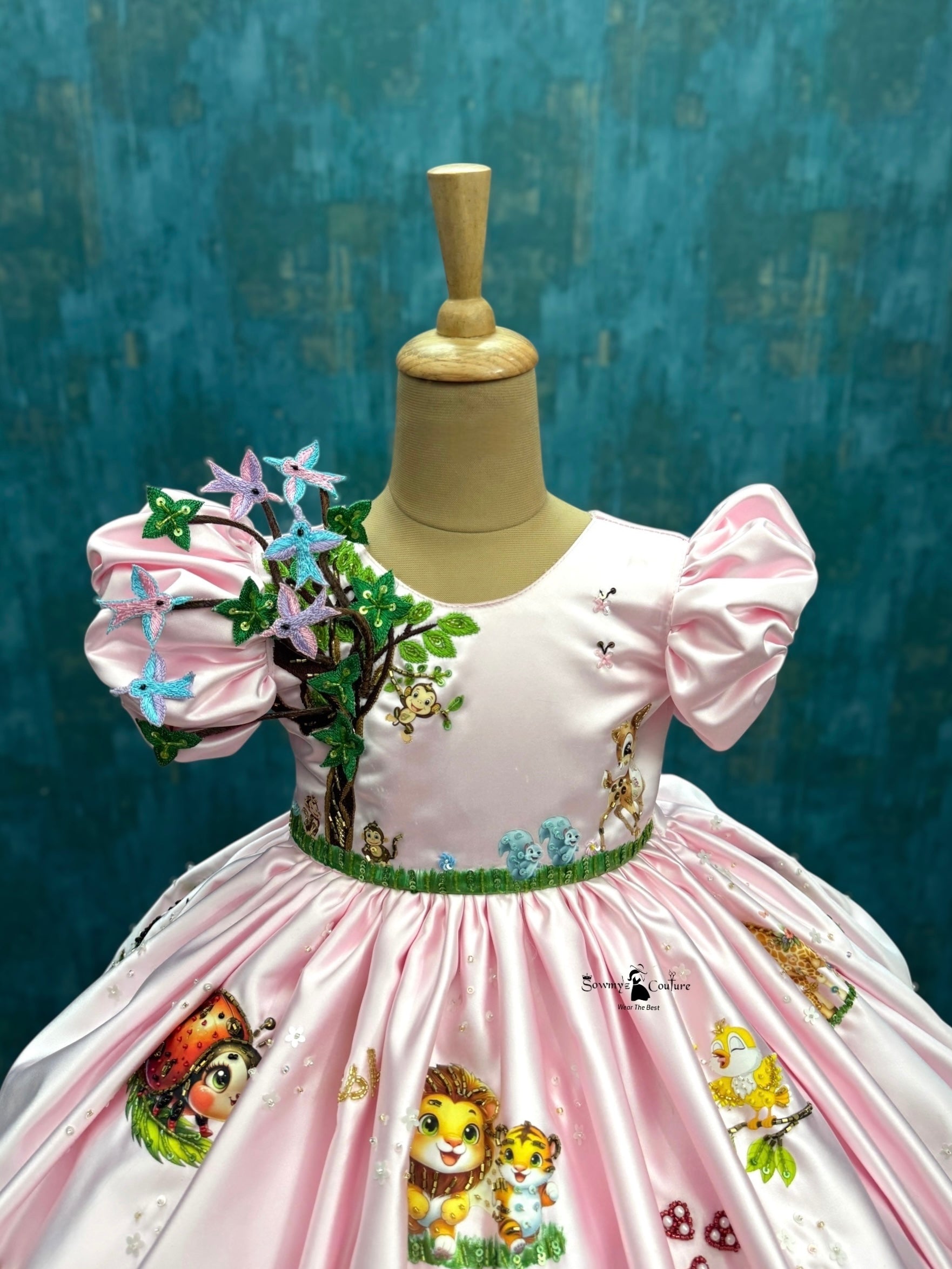 Designer Kids Clothes For Girls Online, Pink Satin Dress with 3D Florals