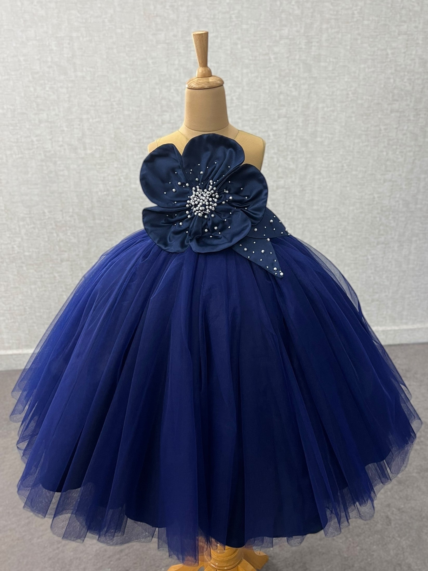 Royal Navy Petal Luxe Hand-Worked Floral Princess Dress