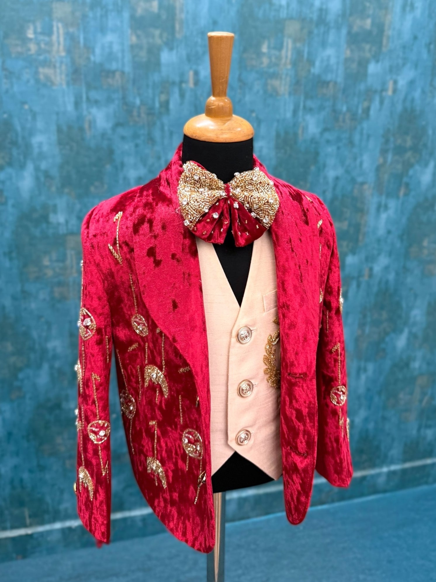 Grand Monarch Ruby Velvet Luxury Prince Blazer Set with Heritage Gold Embroidery & Designer Bow