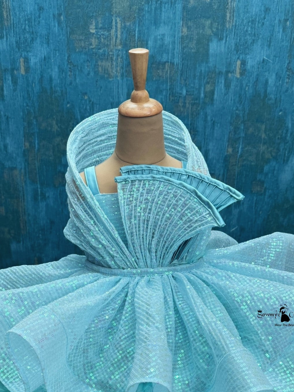 Aqua Mist Feather-Structured Sequin Layered Princess Ball Gown