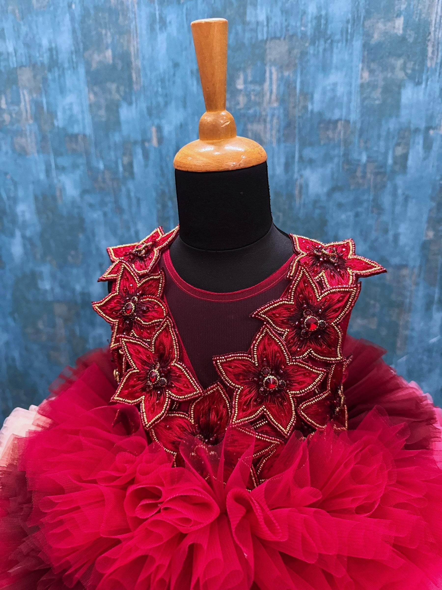 Red Velvet Petal Ruffle Ball Gown