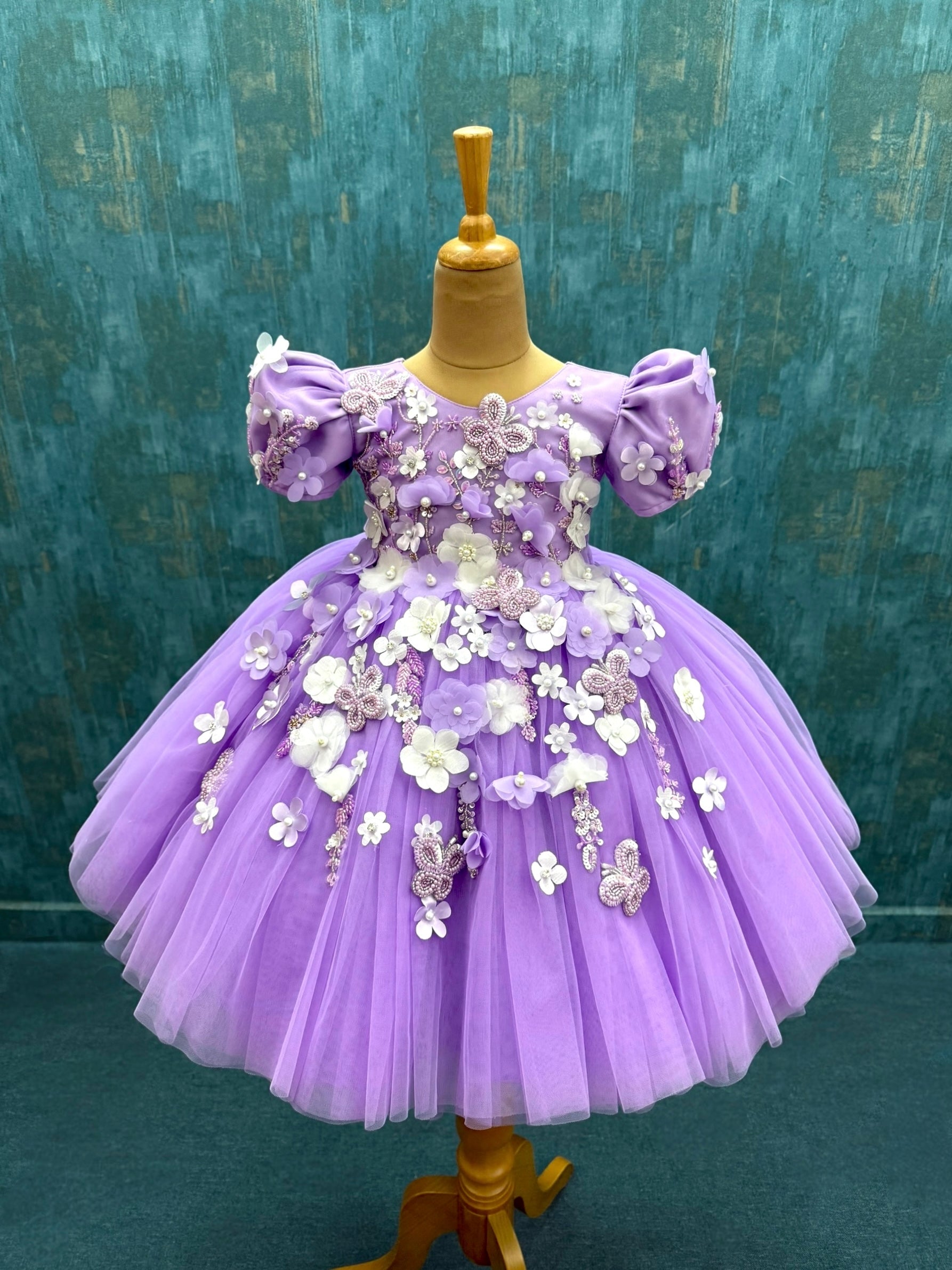 Lavender 3D floral ball gown with intricate work