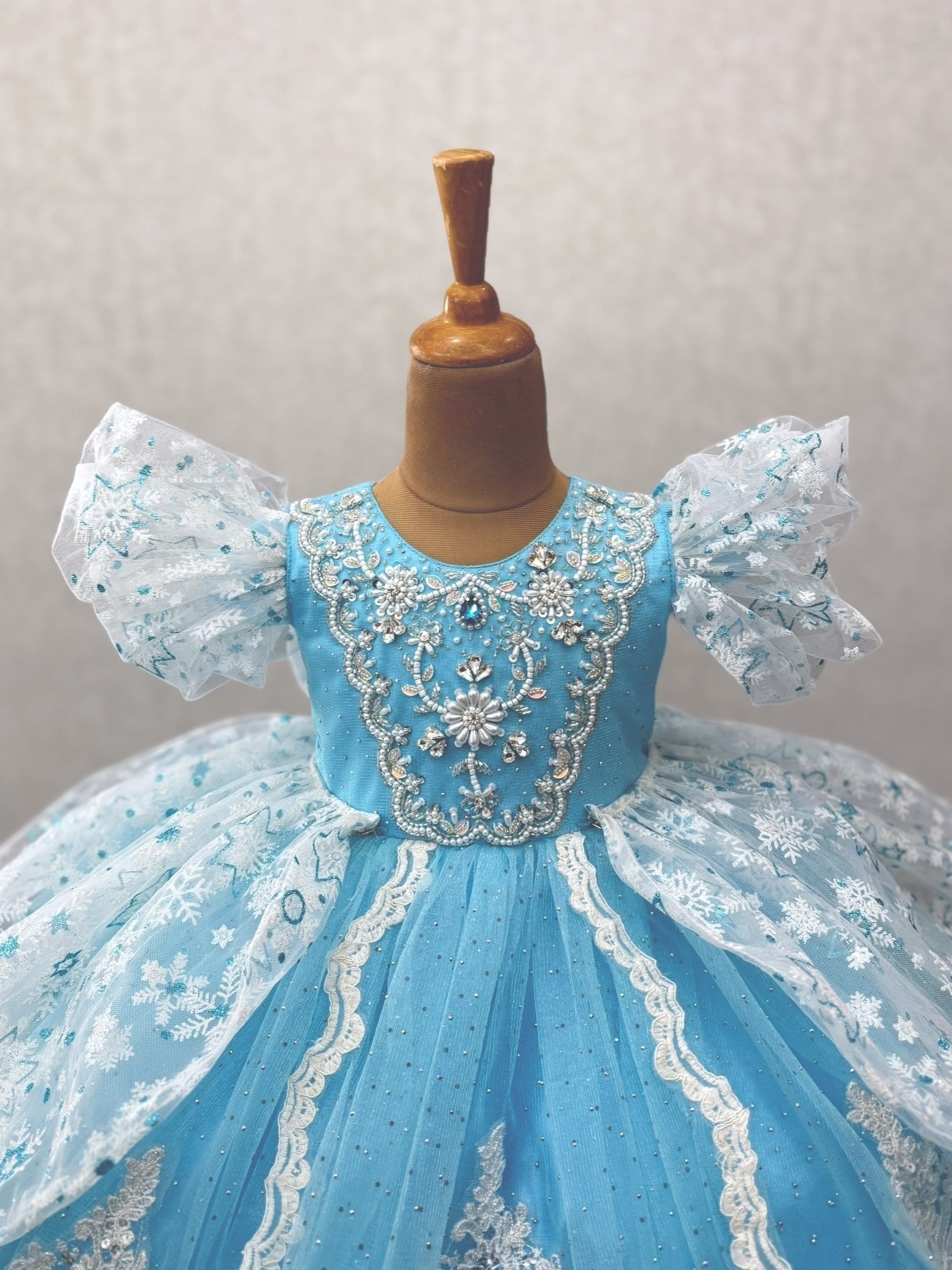 White and Blue Disney Ball Gown With Snowflakes