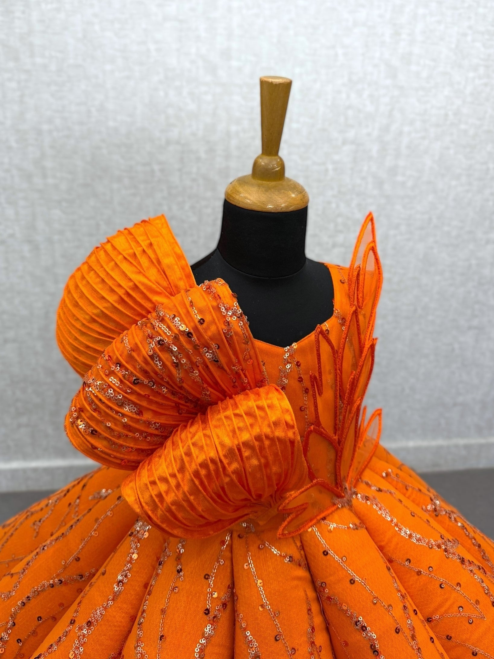 ORANGE Structured Panel Ball Gown with Embossing Bows and Hand Embroidered Petals