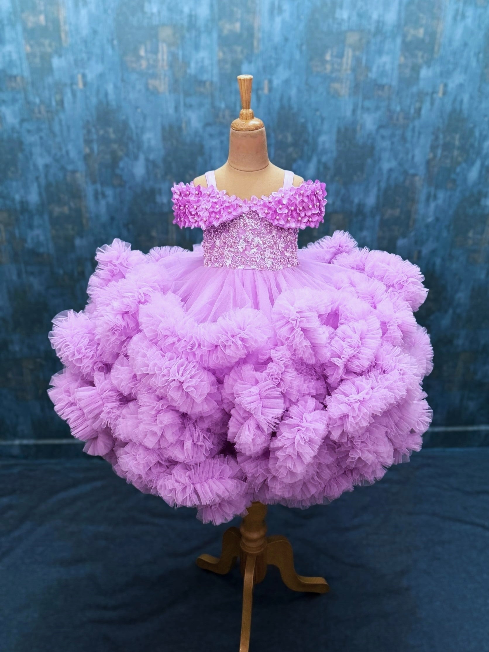 Lavender Cloud Gown with half shoulder floral top