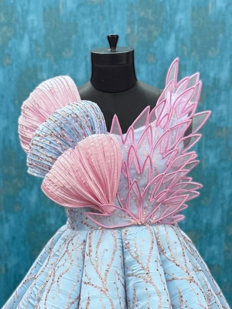 Baby Blue Structured Panel Ball Gown with Embossing Bows and Hand Embroidered Petals