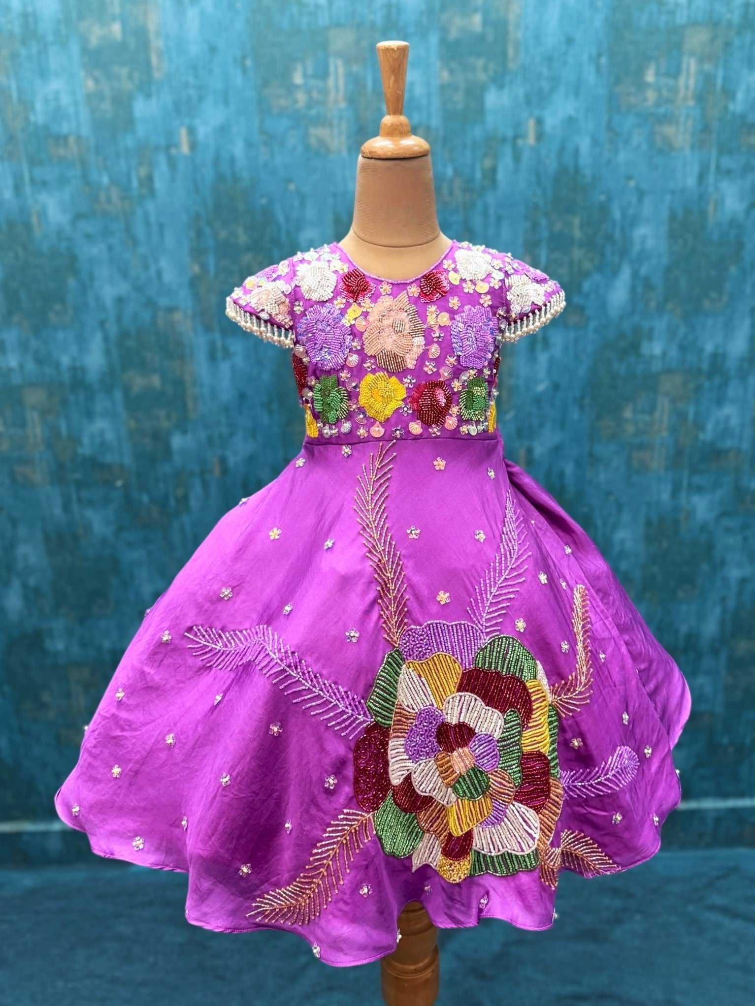 multicolour embroidered floral silk gown with cape sleeves