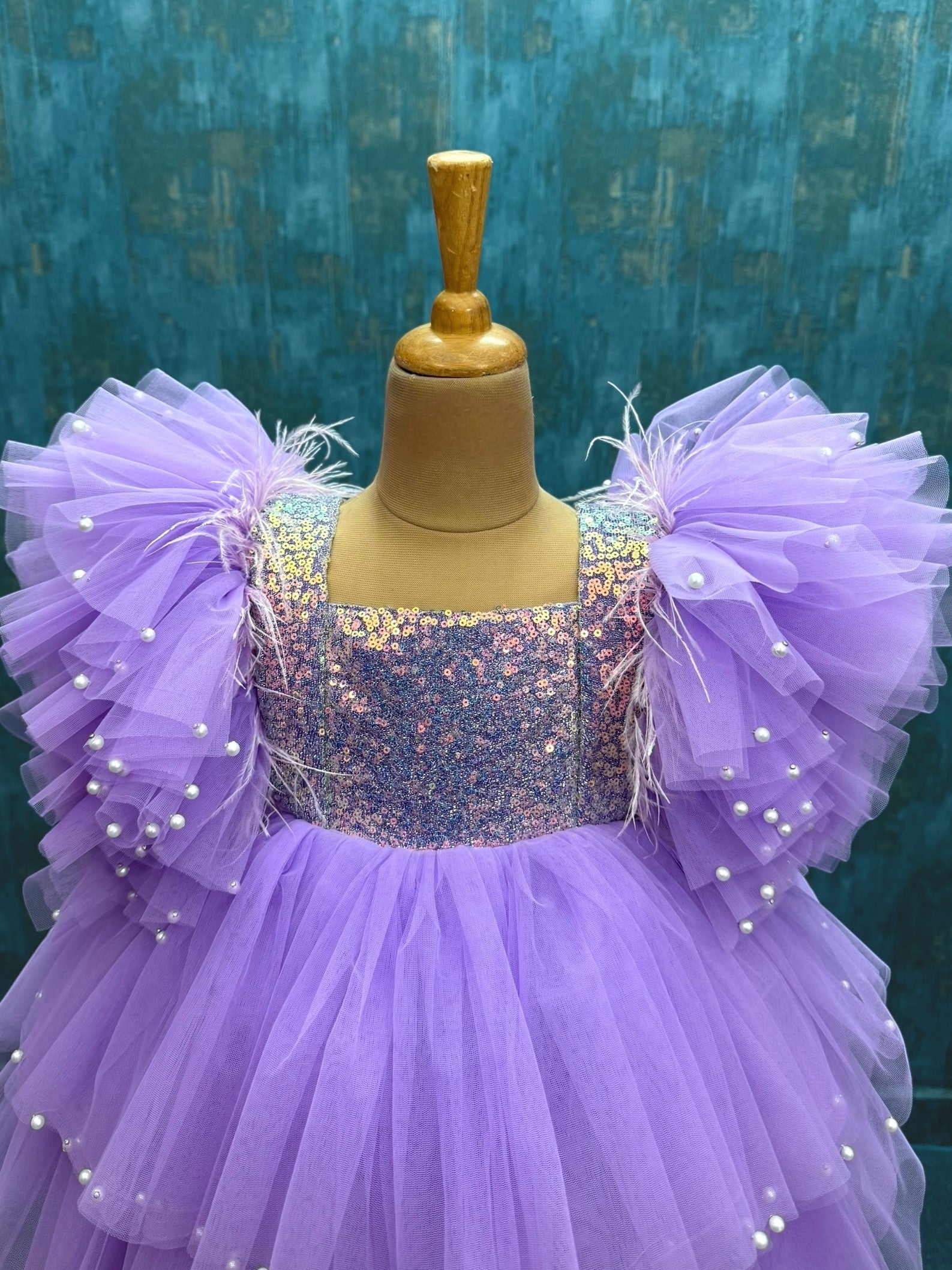 Frosted Lavender Grace Dress with fluffy beaded sleeves