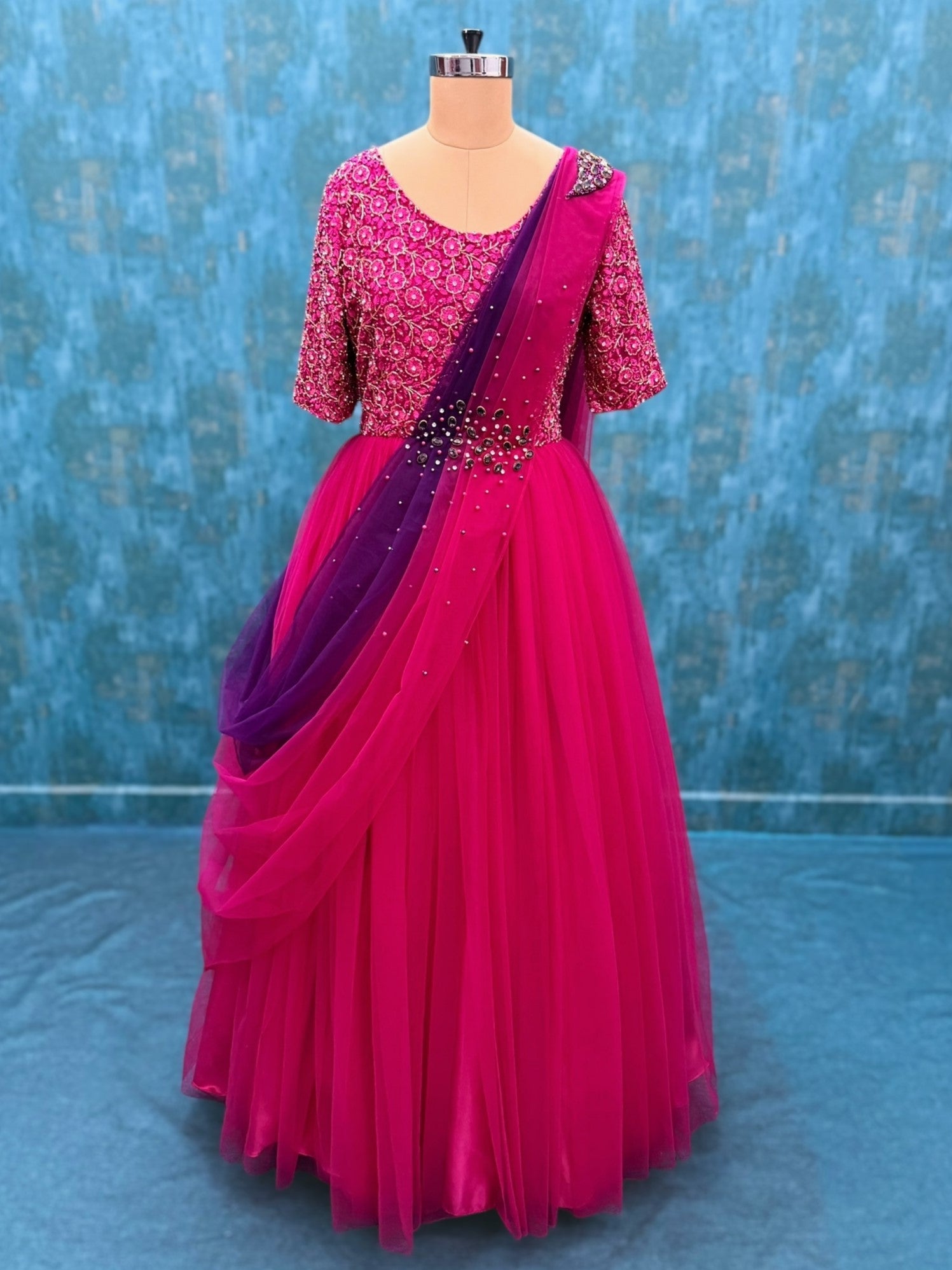 Pink and Purple Draped Dupatta and Intricate Hand work