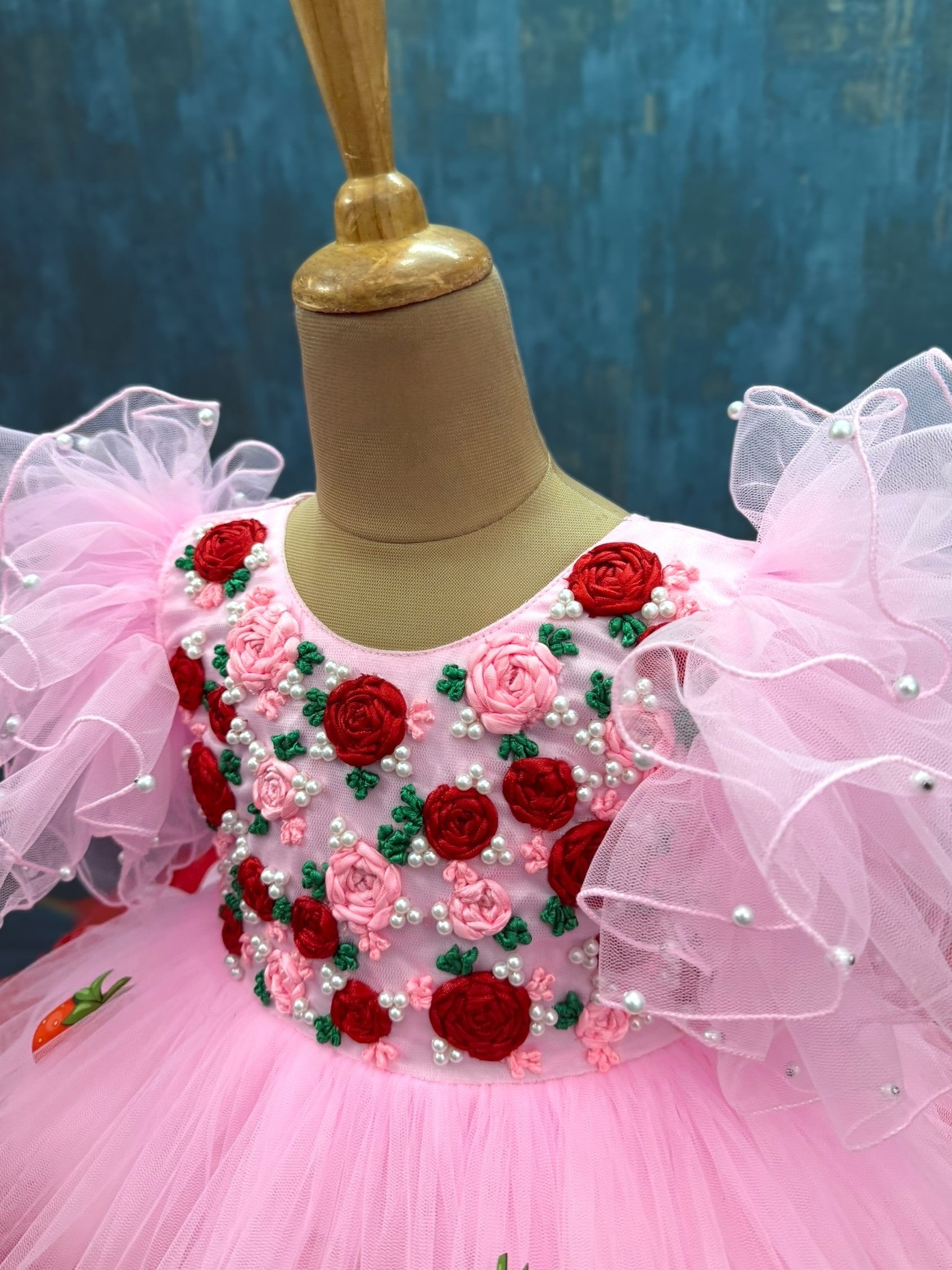 pink and Strawberry Blossom rosalina Princess ball gown with ribbon work top