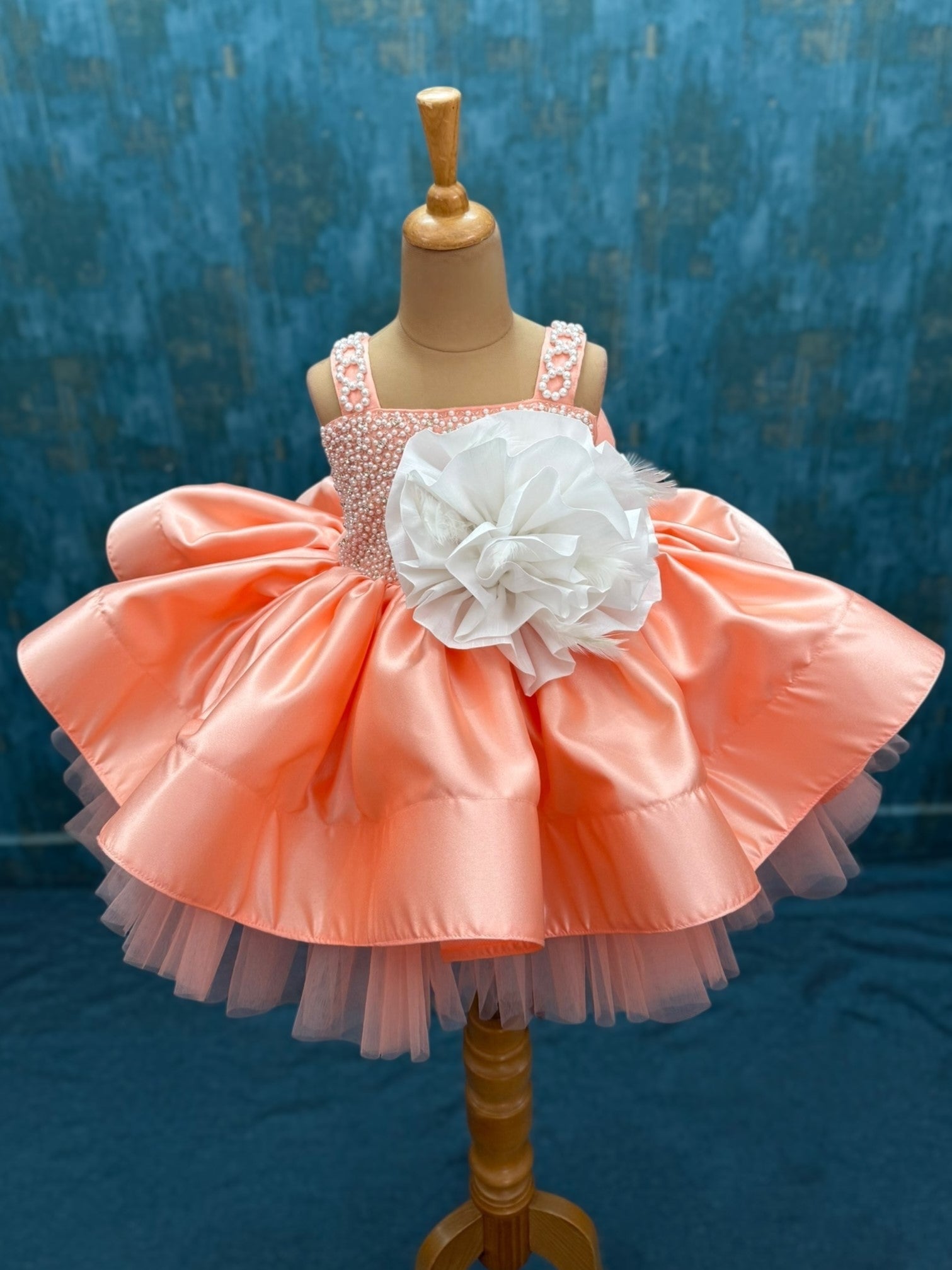 peach satin dress with pearl strap and pearl embroidered top