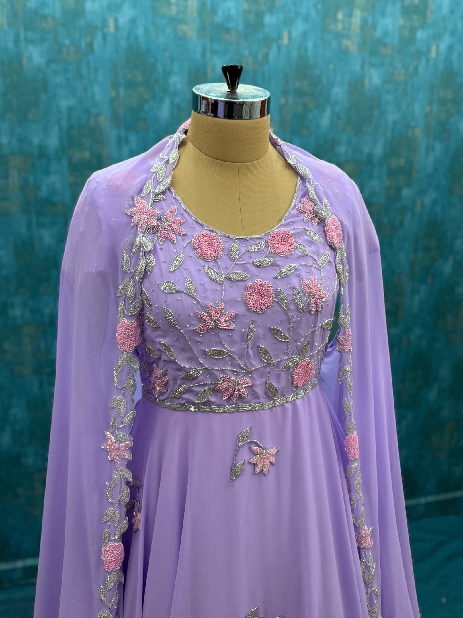 Lilac Hand Embroidery Floral Gown With Dupatta